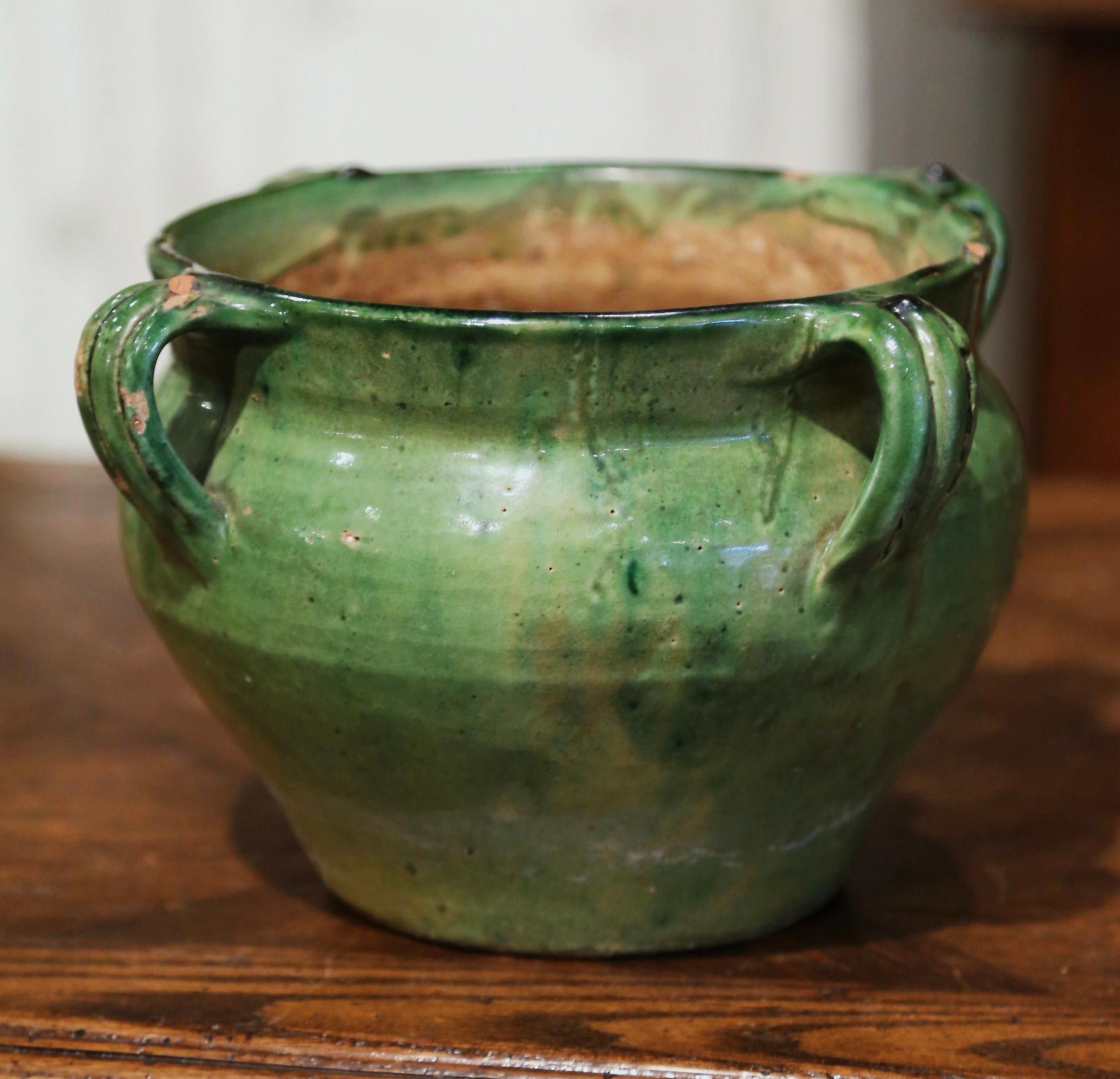 19th Century French Green Glazed Pottery Flower Cache Pot from Provence 1