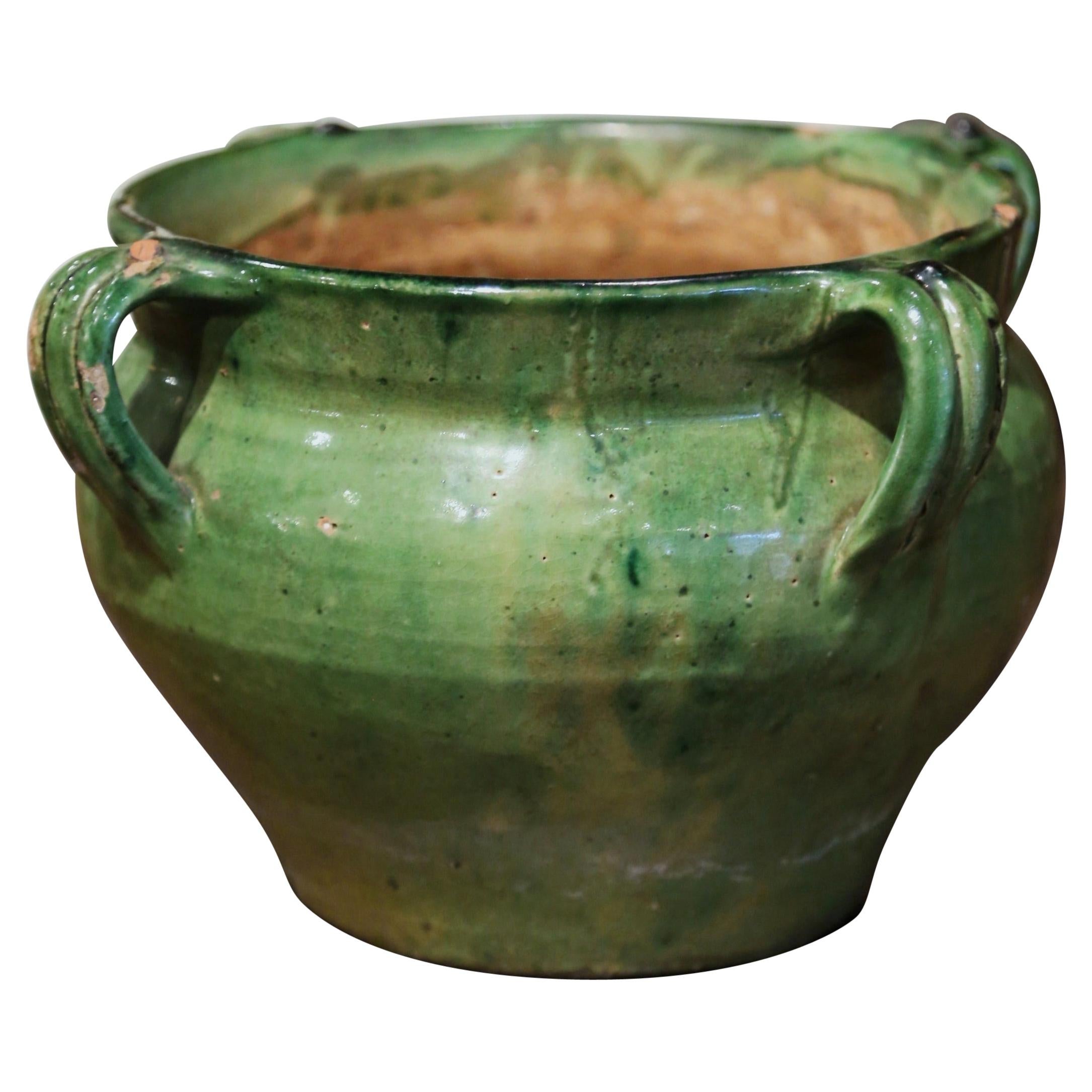 19th Century French Green Glazed Pottery Flower Cache Pot from Provence