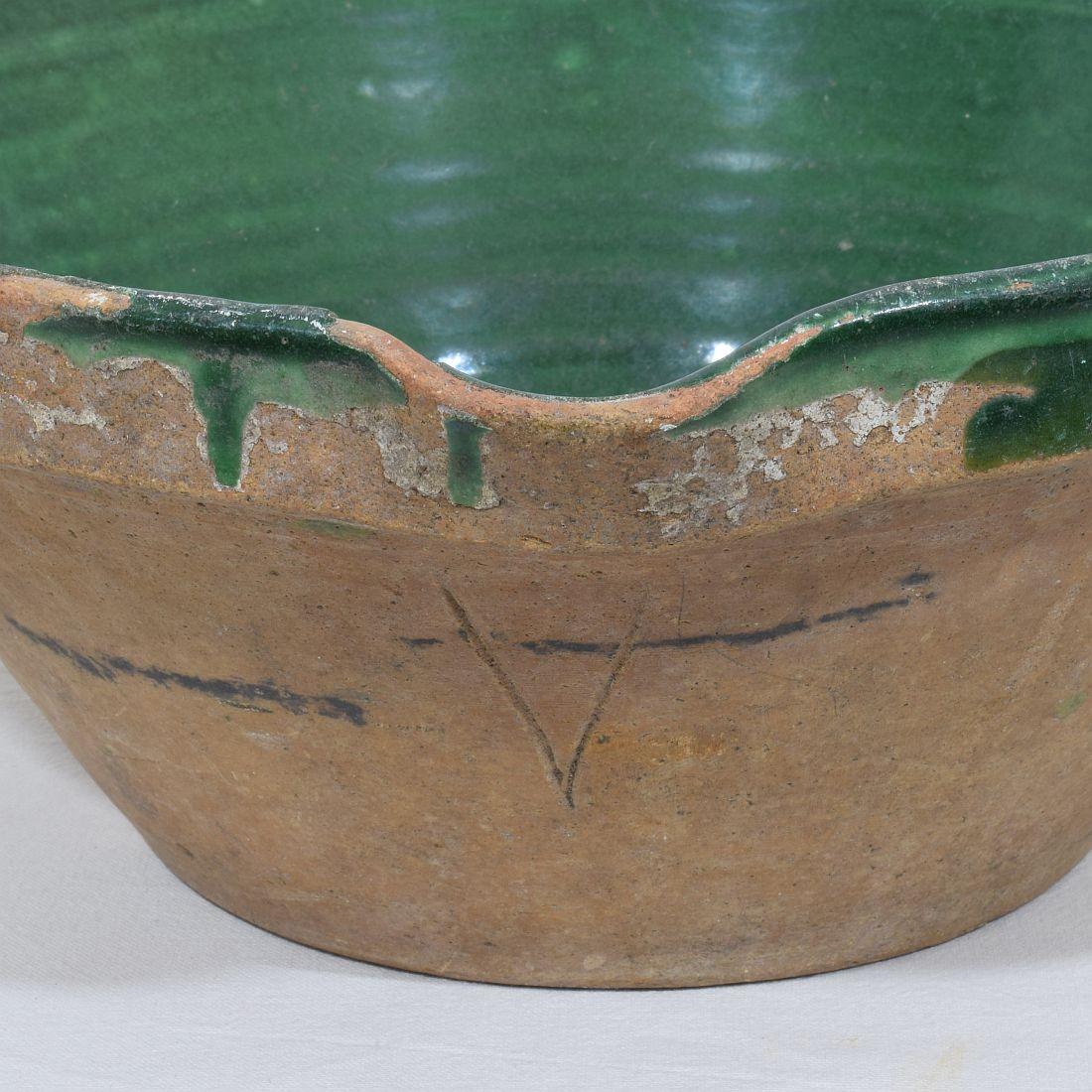 19th Century French Green Glazed Terracotta Dairy Bowl or Tian For Sale 5