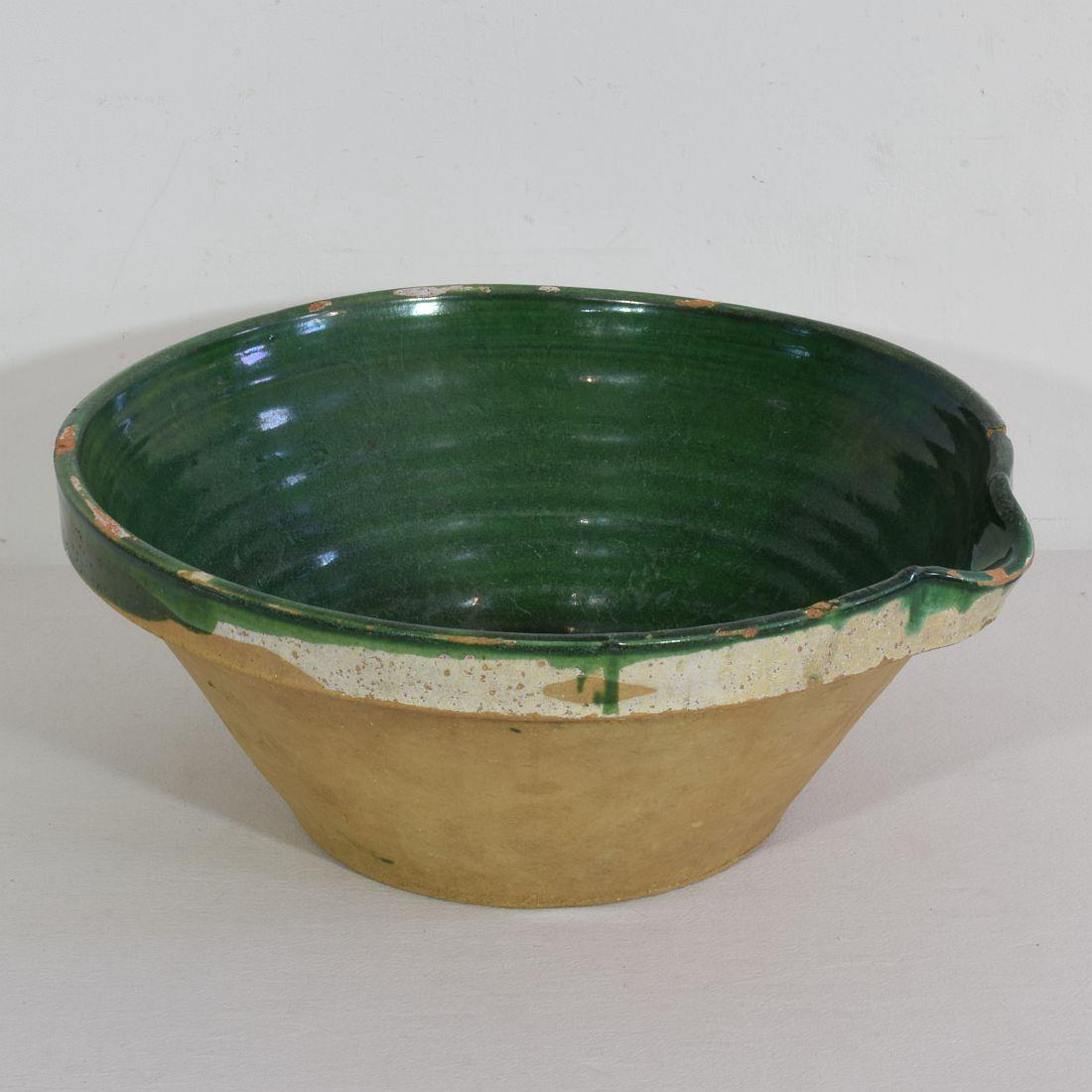 French Provincial 19th Century French Green Glazed Terracotta Dairy Bowl or Tian For Sale