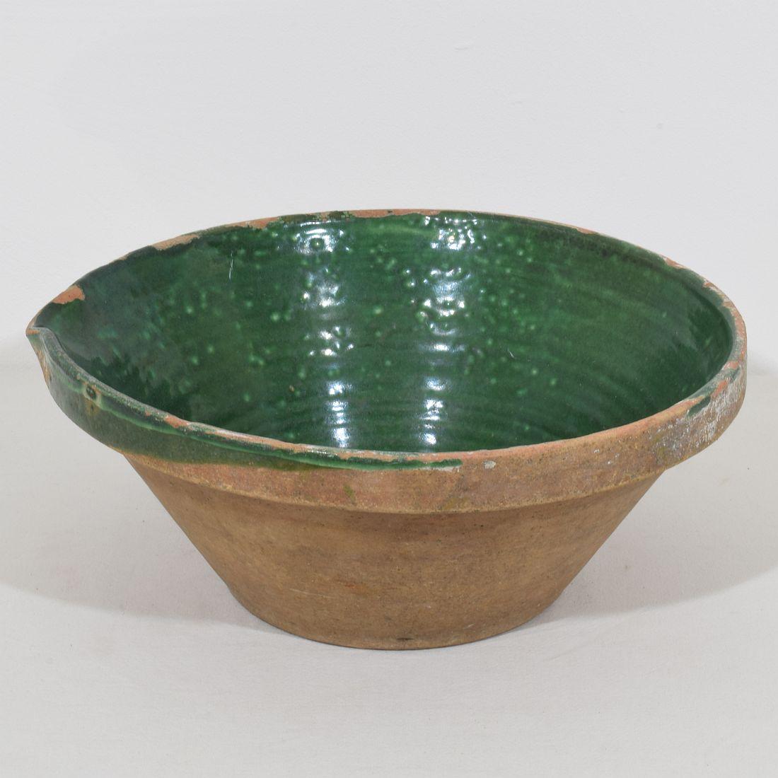 Hand-Crafted 19th Century French Green Glazed Terracotta Dairy Bowl or Tian For Sale