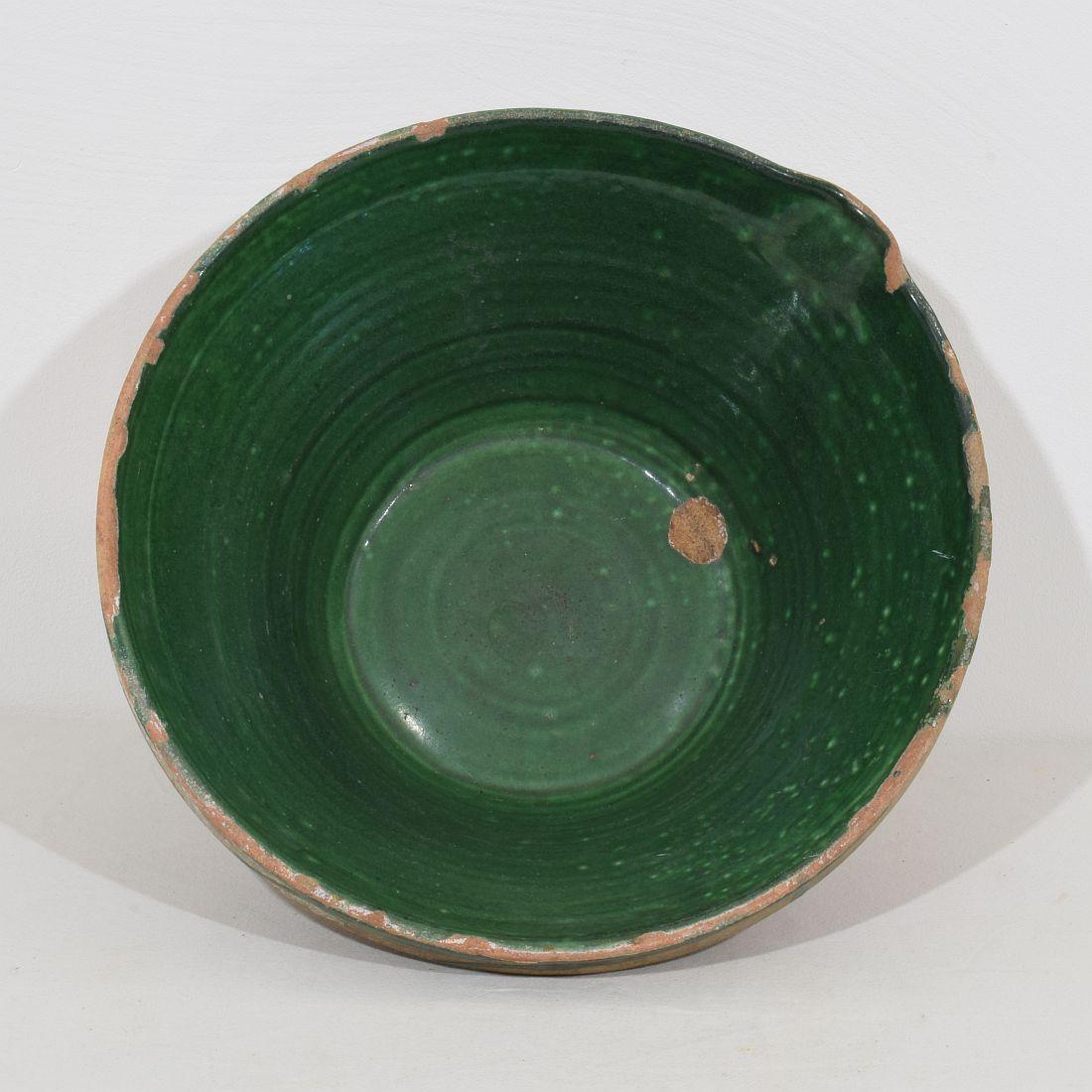 19th Century French Green Glazed Terracotta Dairy Bowl or Tian For Sale 2
