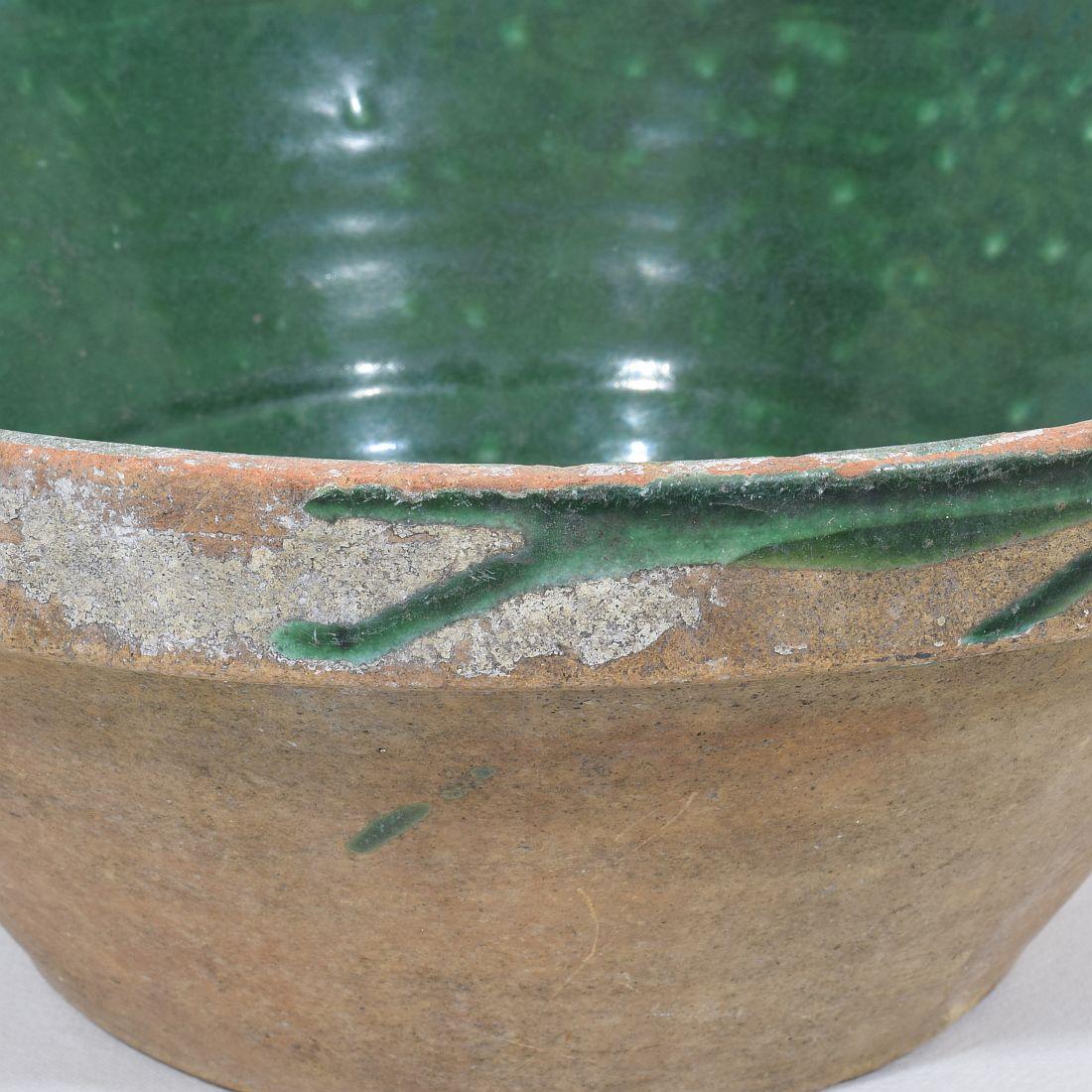 19th Century French Green Glazed Terracotta Dairy Bowl or Tian For Sale 4