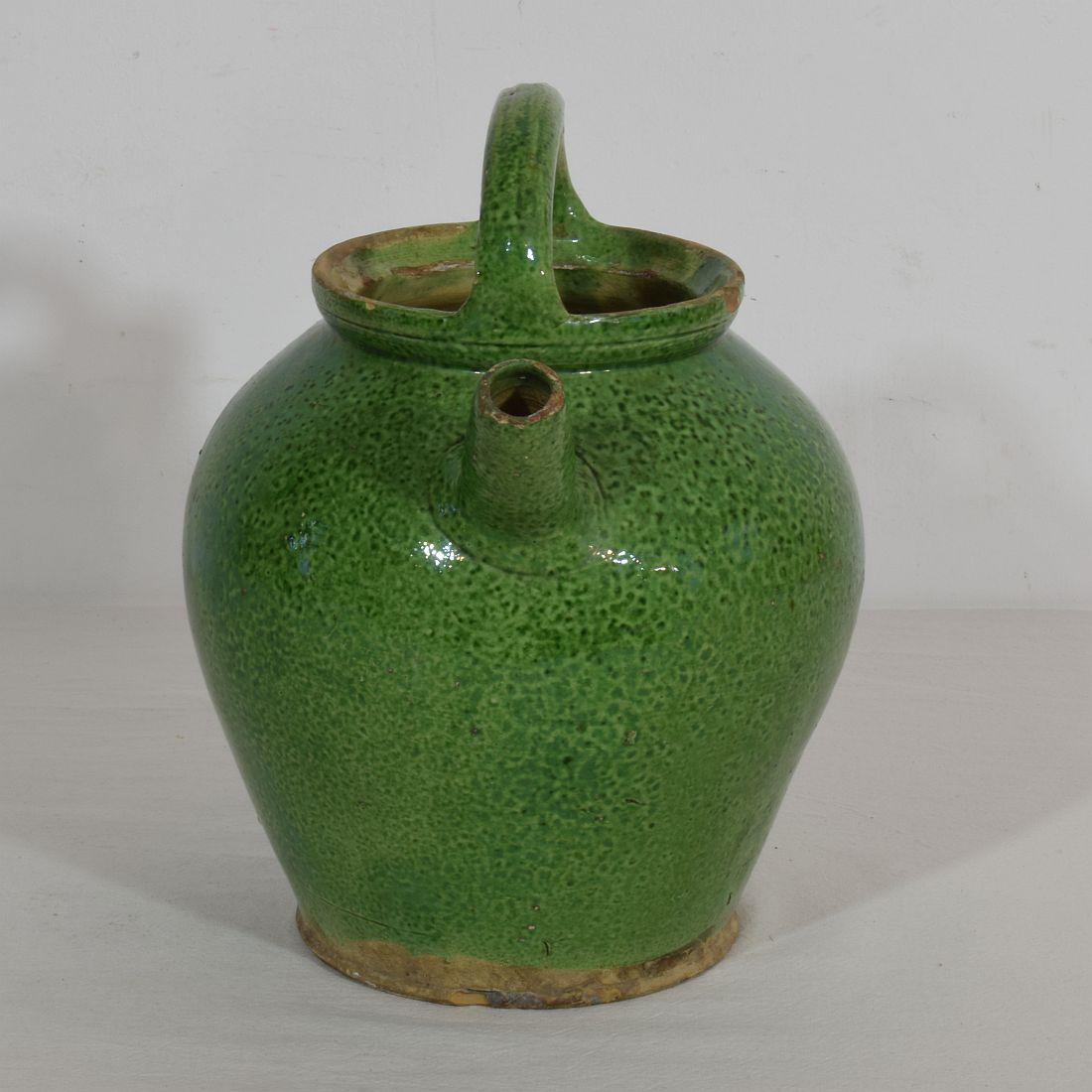 French Provincial 19th Century, French Green Glazed Terracotta Jug or Water Cruche