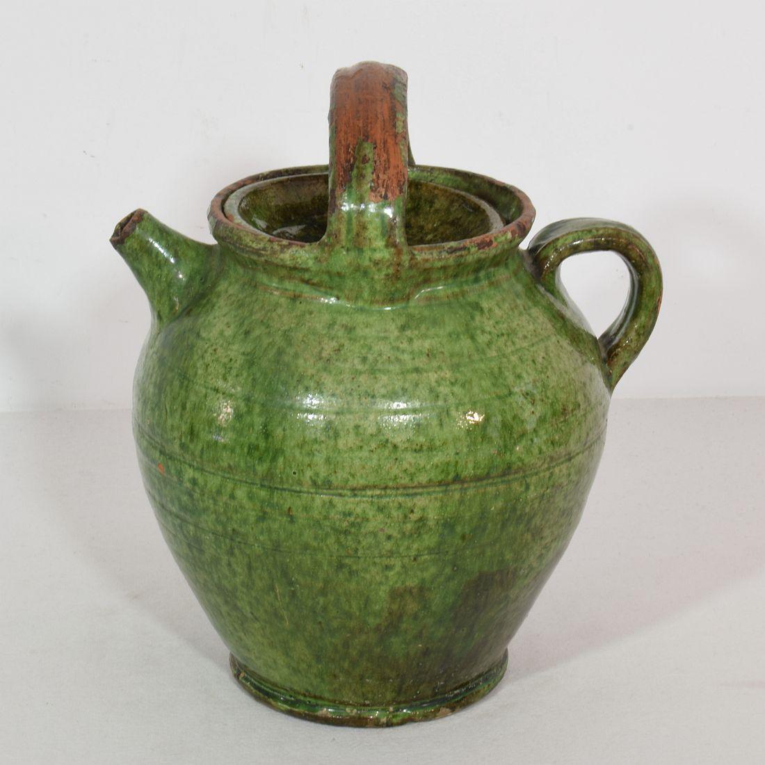 French Provincial 19th Century, French Green Glazed Terracotta Jug or Water Cruche
