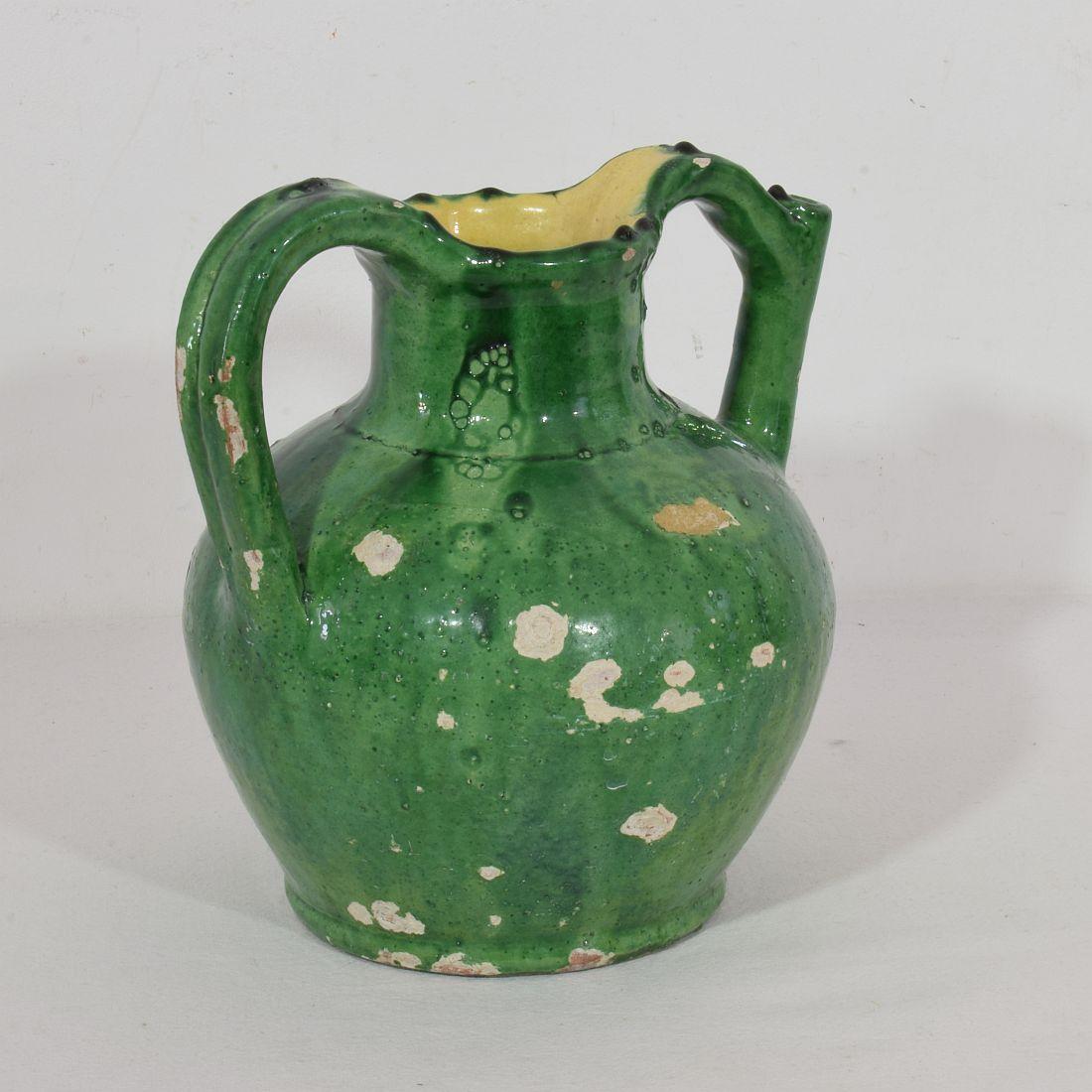 French Provincial 19th Century French Green Glazed Terracotta Jug or Water Cruche For Sale