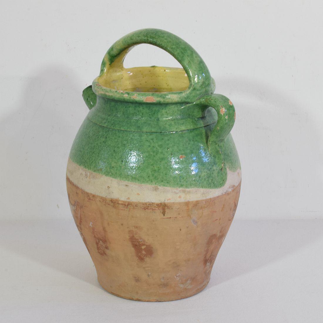 French Provincial 19th Century, French Green Glazed Terracotta Jug or Water Cruche For Sale