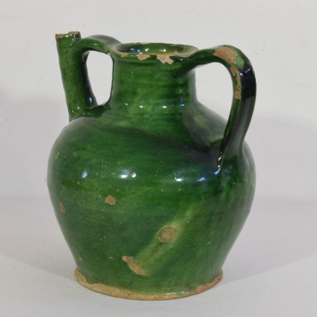 French Provincial 19th Century French Green Glazed Terracotta Jug or Water Cruche