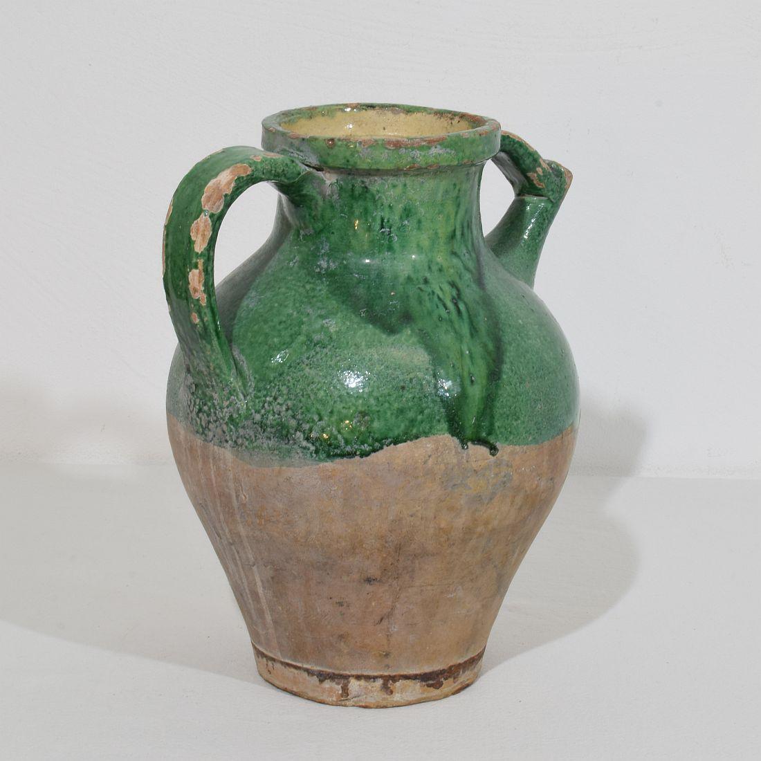 French Provincial 19th Century, French Green Glazed Terracotta Jug or Water Cruche For Sale