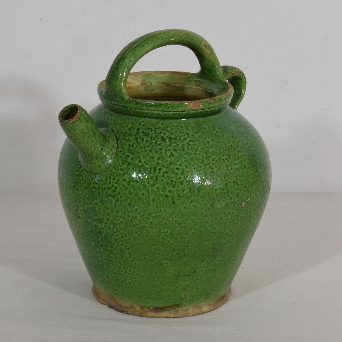 19th Century, French Green Glazed Terracotta Jug or Water Cruche In Good Condition In Buisson, FR