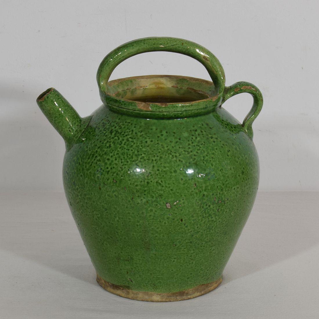 Earthenware 19th Century, French Green Glazed Terracotta Jug or Water Cruche
