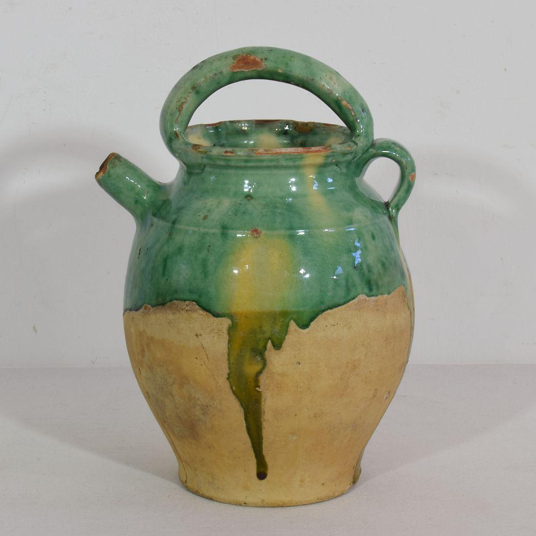 Earthenware 19th Century, French Green Glazed Terracotta Jug or Water Cruche