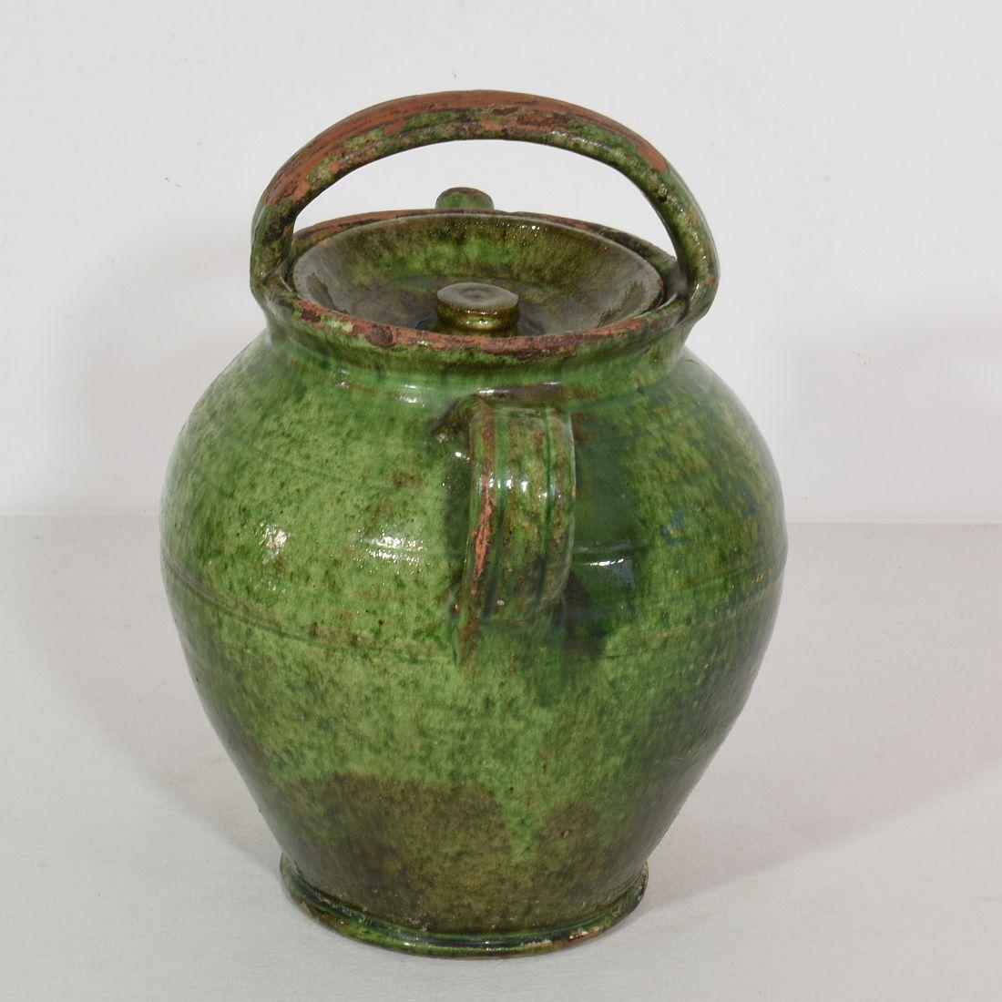 19th Century, French Green Glazed Terracotta Jug or Water Cruche 1