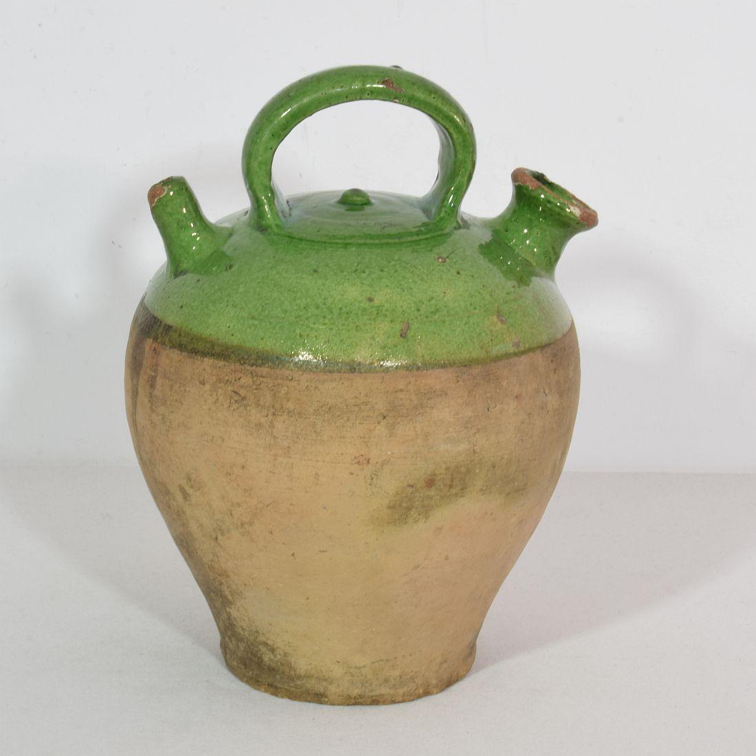 19th Century, French Green Glazed Terracotta Jug or Water Cruche 1