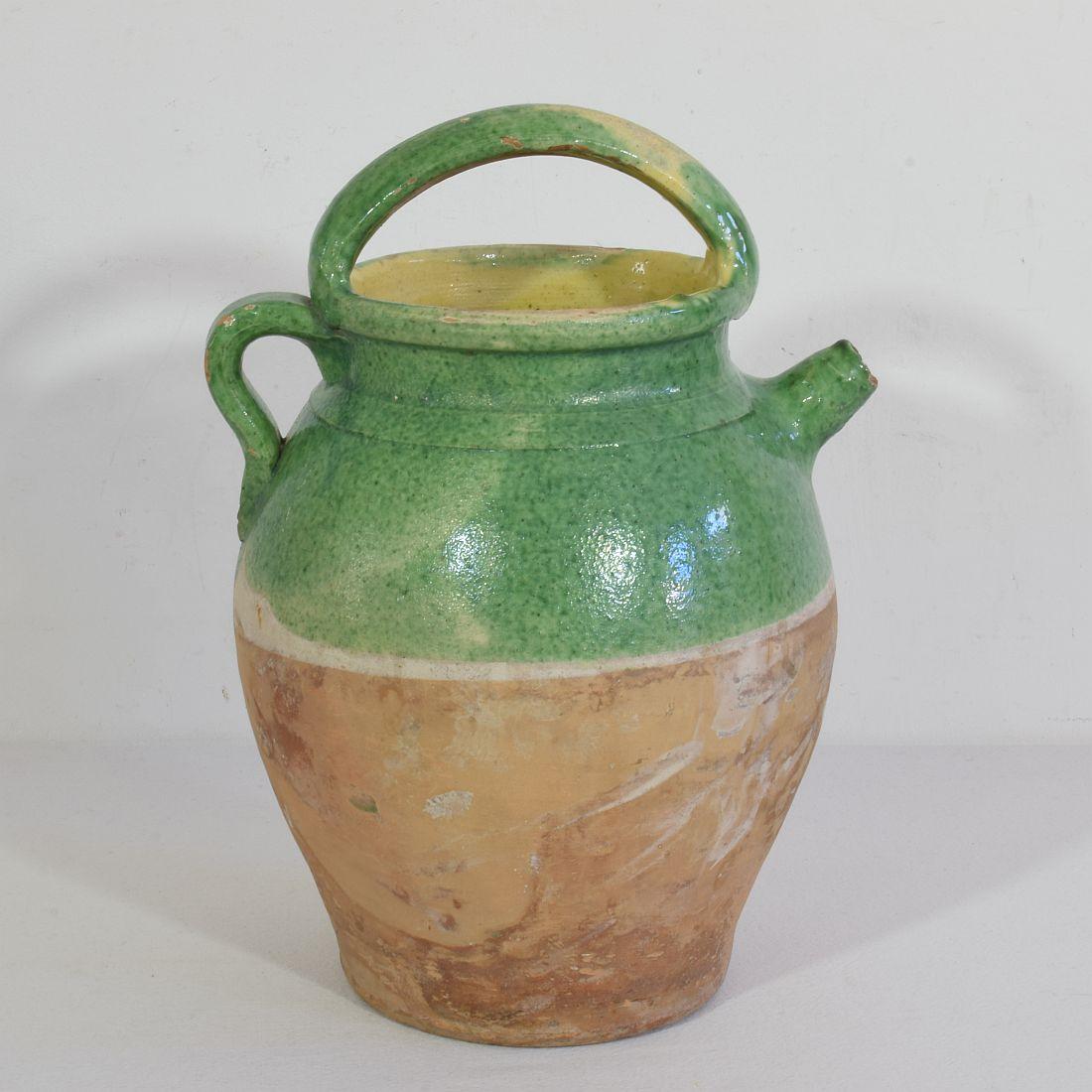 19th Century, French Green Glazed Terracotta Jug or Water Cruche For Sale 1