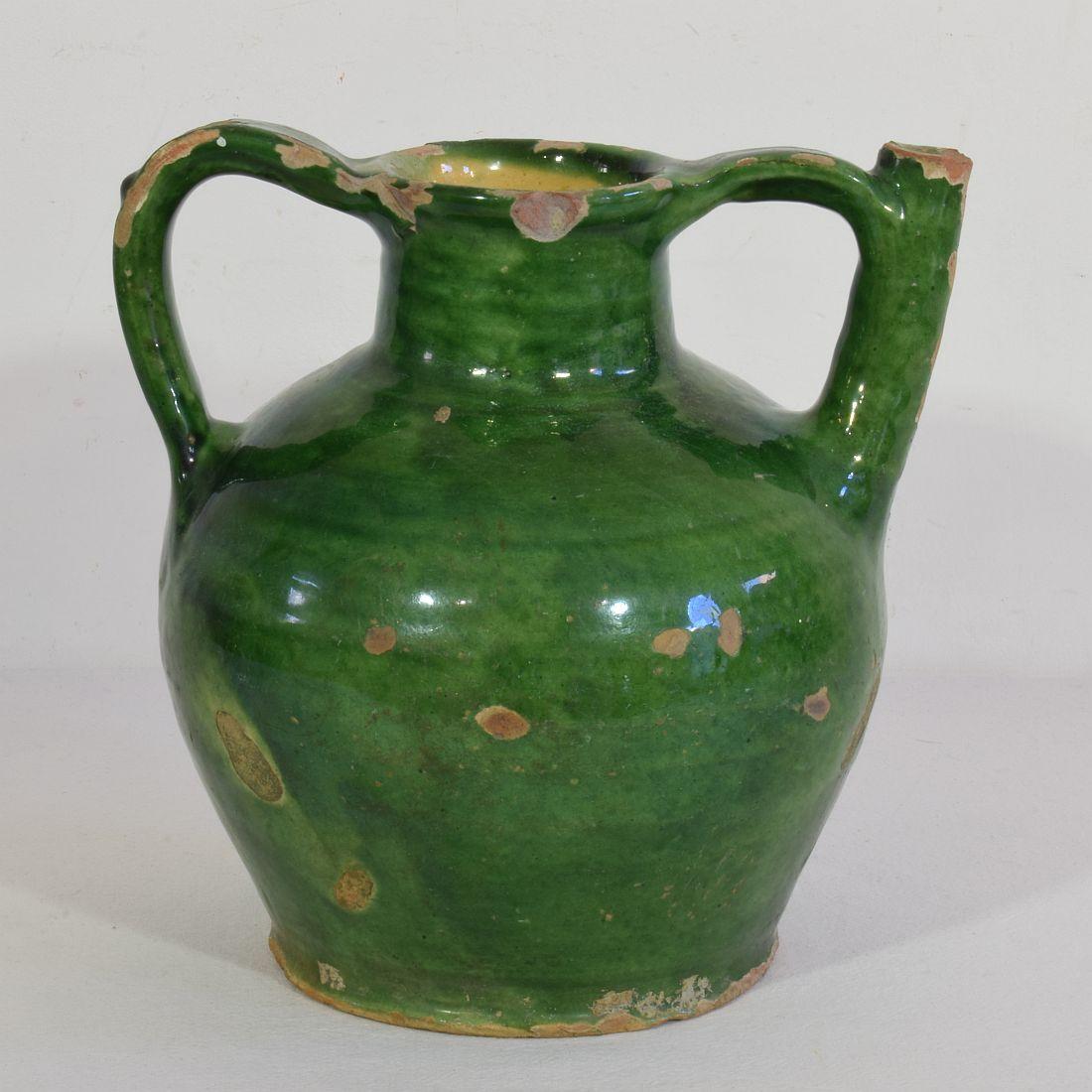 19th Century French Green Glazed Terracotta Jug or Water Cruche 1
