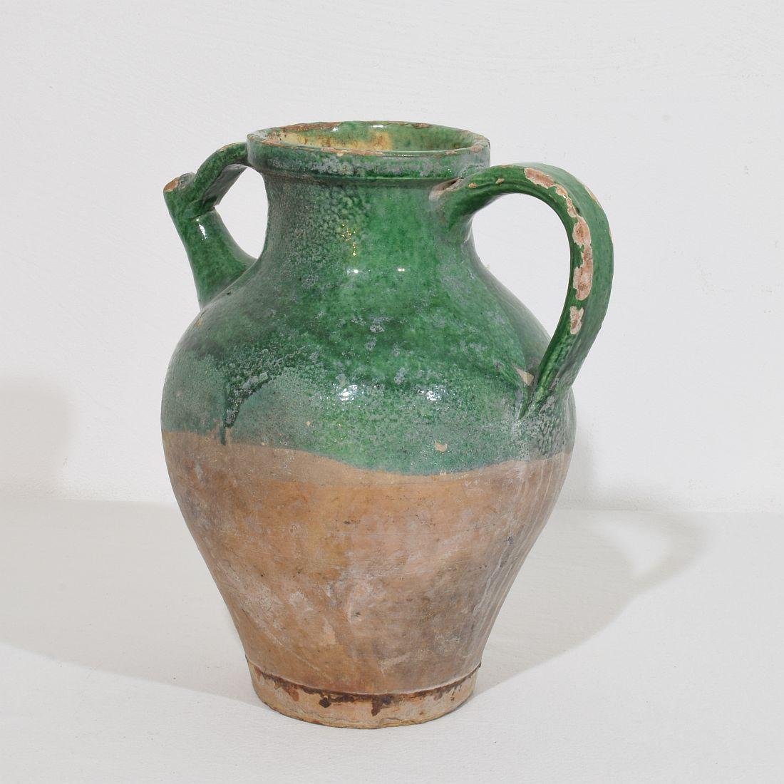 19th Century, French Green Glazed Terracotta Jug or Water Cruche For Sale 1