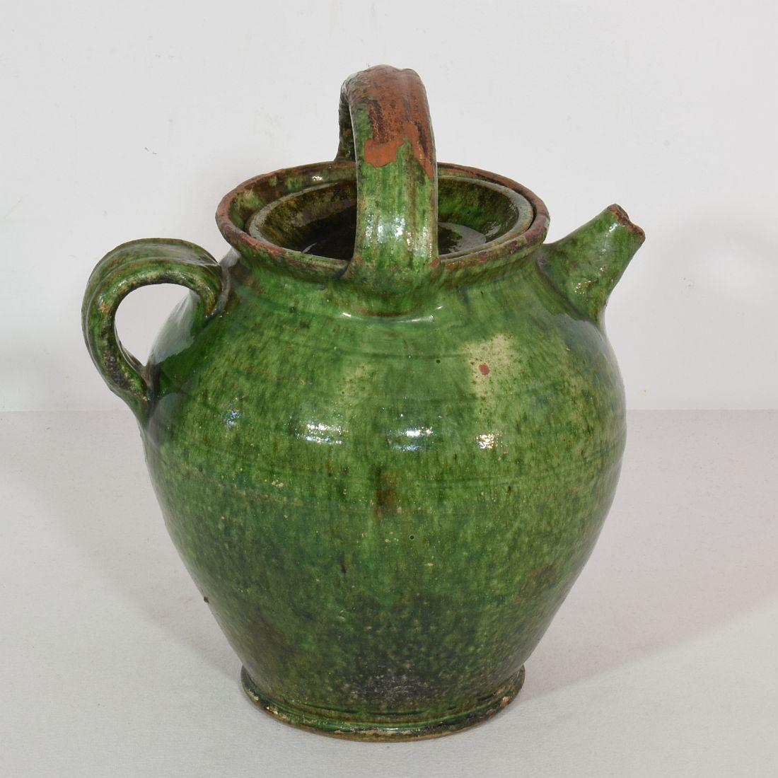 19th Century, French Green Glazed Terracotta Jug or Water Cruche 2