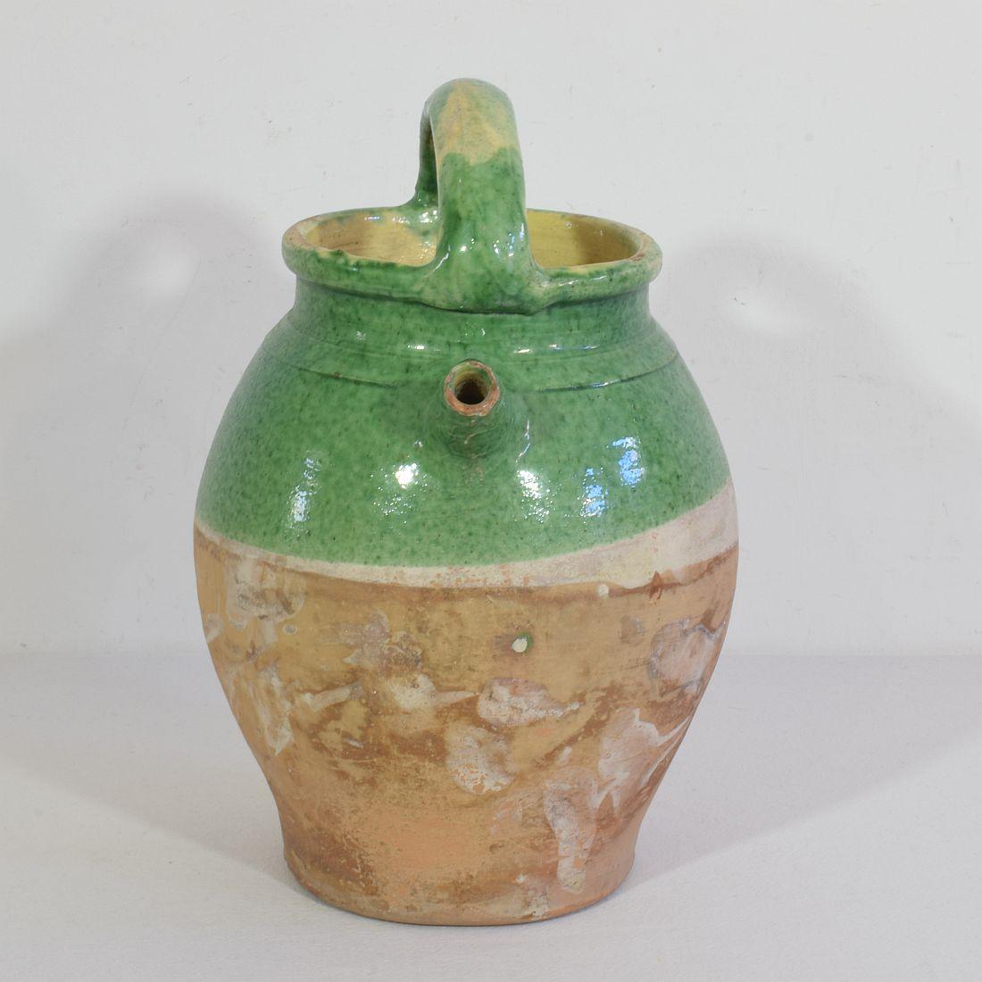19th Century, French Green Glazed Terracotta Jug or Water Cruche For Sale 2