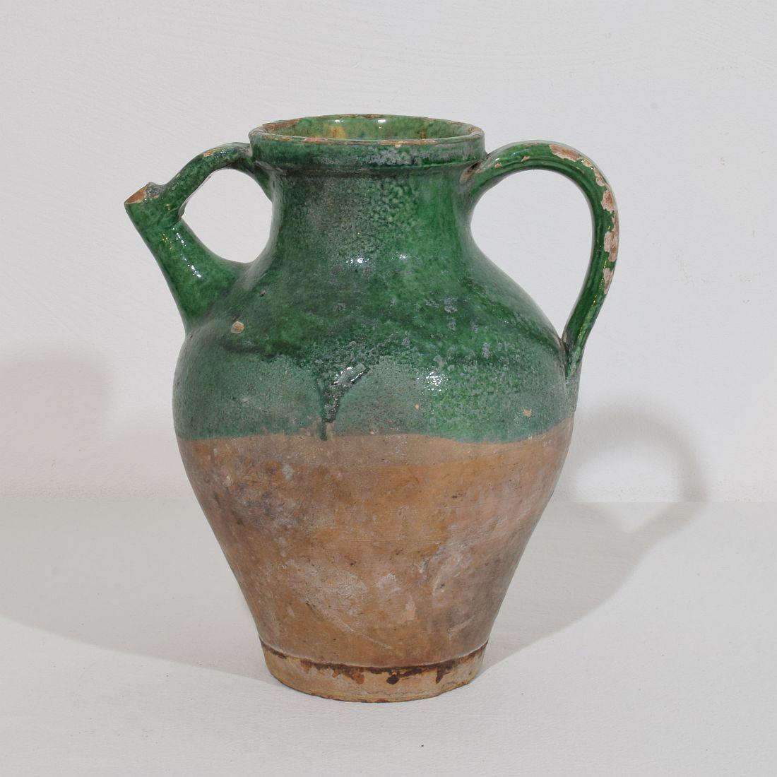 19th Century, French Green Glazed Terracotta Jug or Water Cruche For Sale 2
