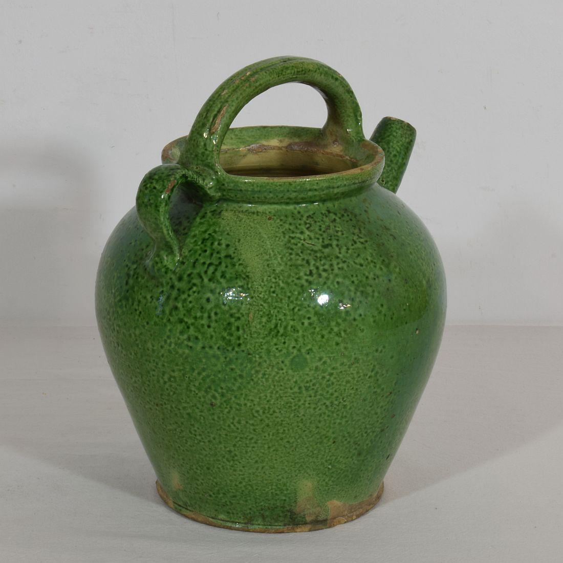 19th Century, French Green Glazed Terracotta Jug or Water Cruche 2