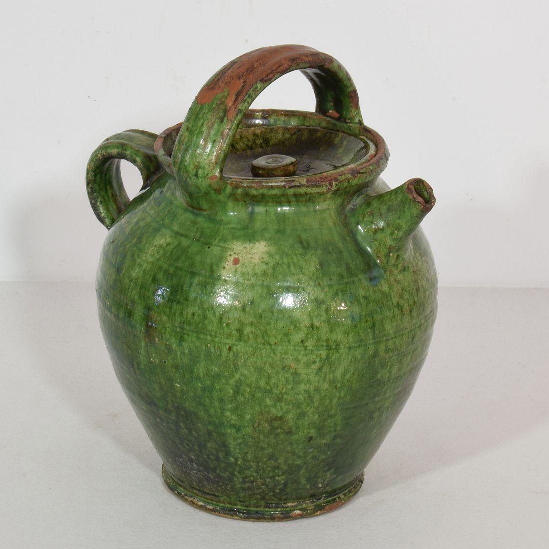 19th Century, French Green Glazed Terracotta Jug or Water Cruche 3