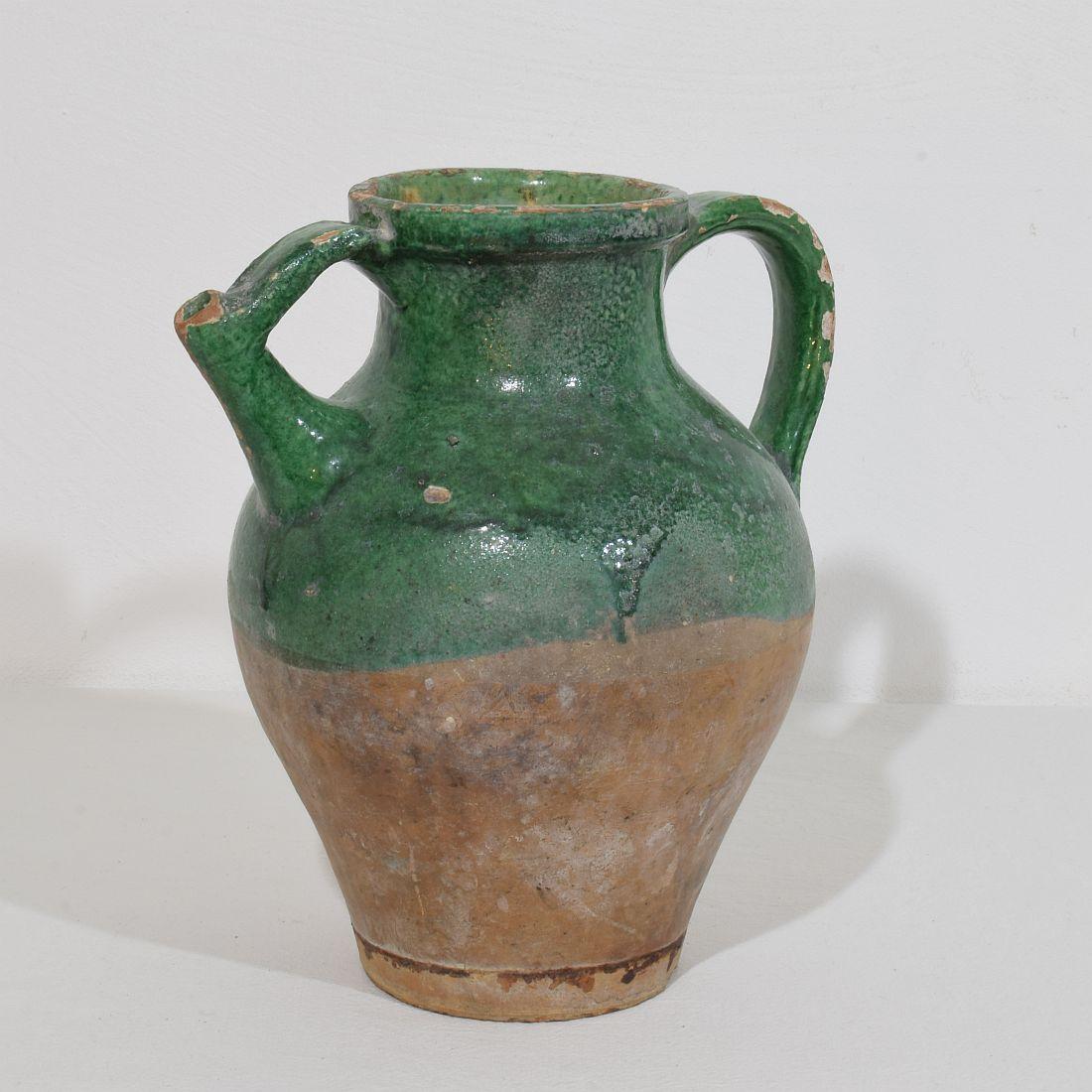19th Century, French Green Glazed Terracotta Jug or Water Cruche For Sale 3