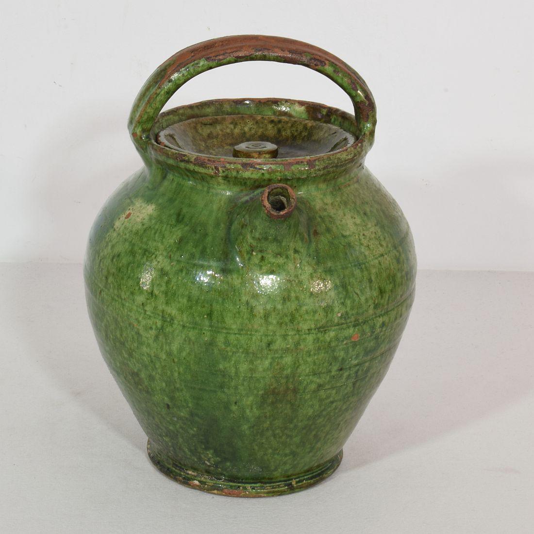 19th Century, French Green Glazed Terracotta Jug or Water Cruche 4