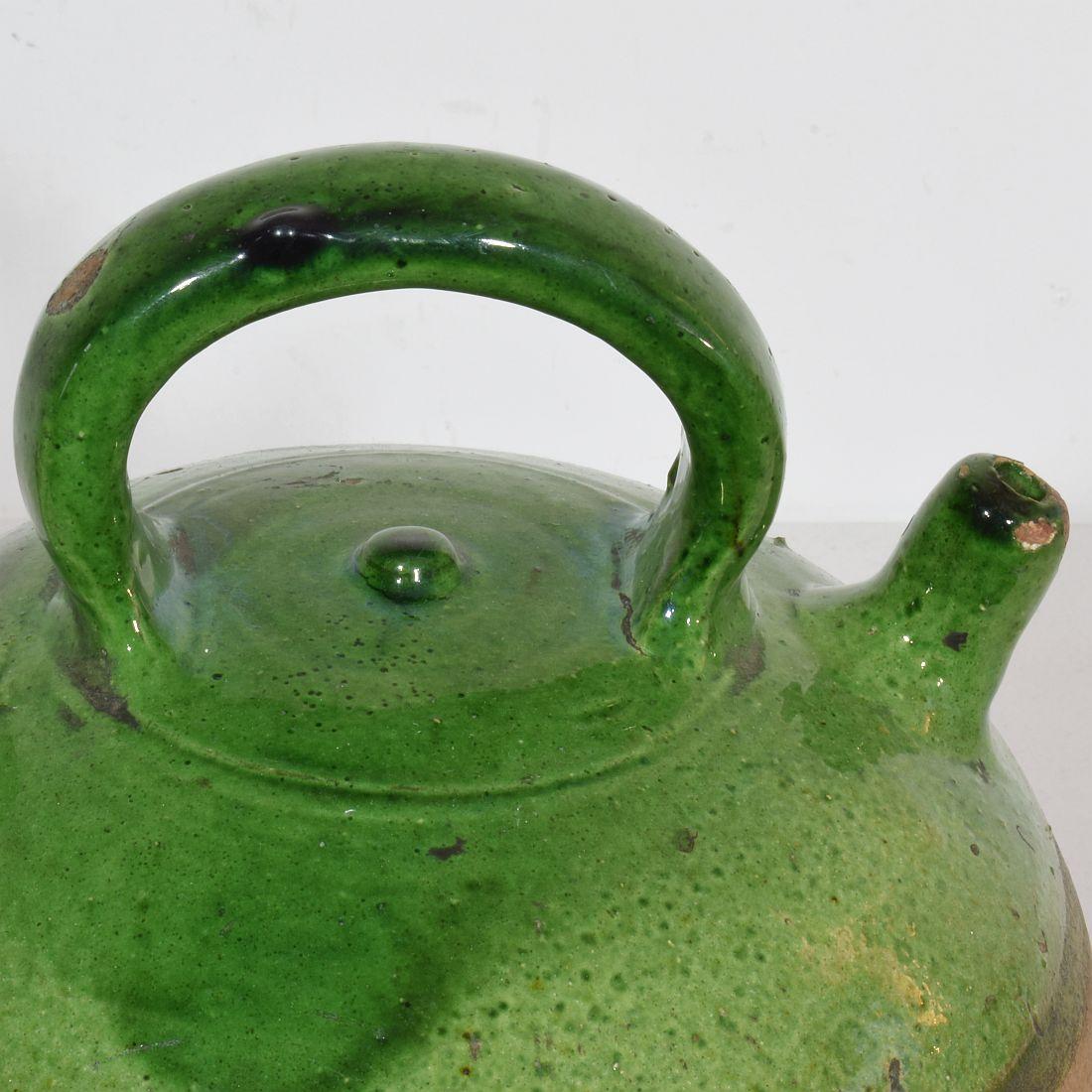 19th Century, French Green Glazed Terracotta Jug or Water Cruche 4