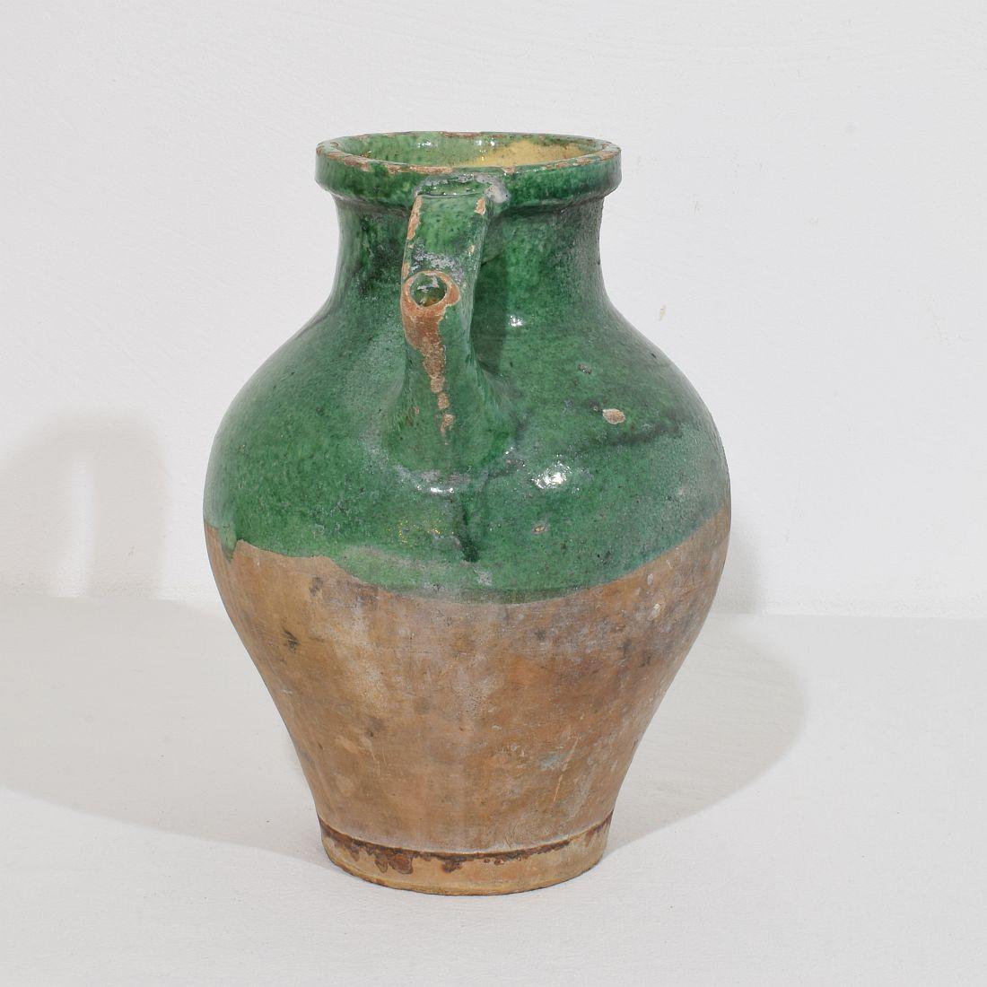 19th Century, French Green Glazed Terracotta Jug or Water Cruche For Sale 4