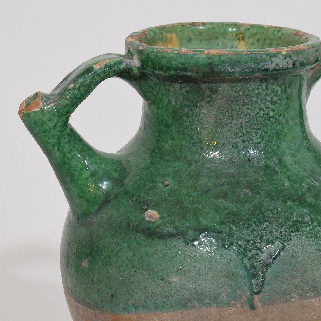 19th Century, French Green Glazed Terracotta Jug or Water Cruche For Sale 5