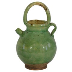 Antique 19th Century, French Green Glazed Terracotta Jug or Water Cruche