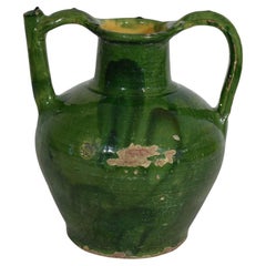 19th Century French Green Glazed Terracotta Jug or Water Cruche