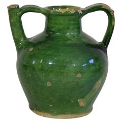 19th Century French Green Glazed Terracotta Jug or Water Cruche