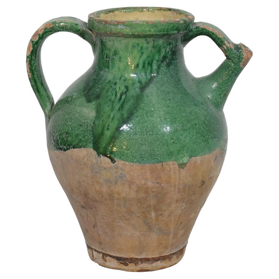 19th Century, French Green Glazed Terracotta Jug or Water Cruche For Sale