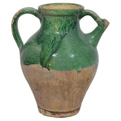 Vintage 19th Century, French Green Glazed Terracotta Jug or Water Cruche