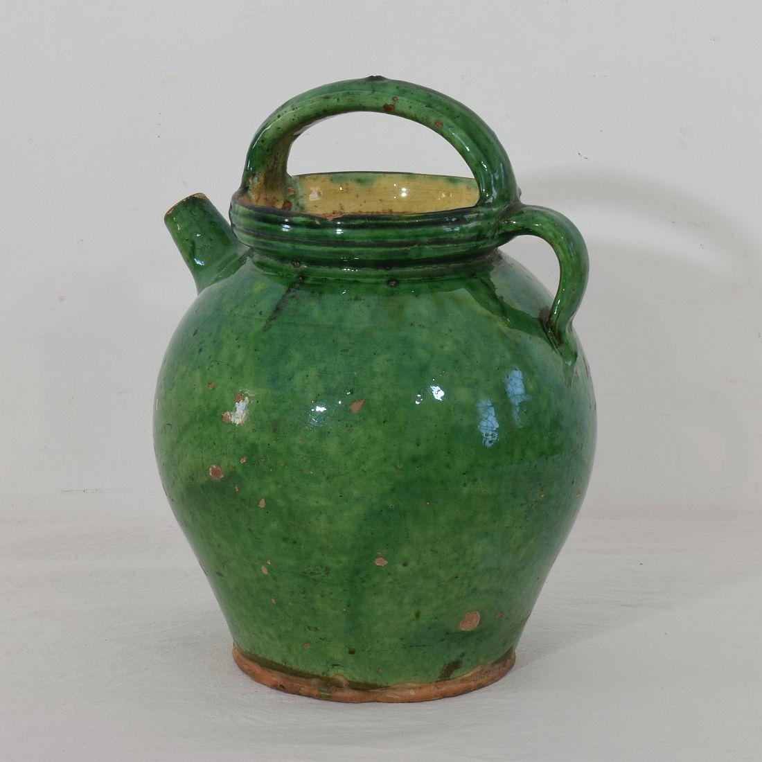 French Provincial 19th Century, French Green Glazed Terracotta Jug / Water Cruche