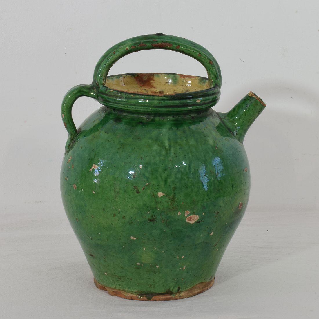 19th Century, French Green Glazed Terracotta Jug / Water Cruche In Good Condition In Buisson, FR