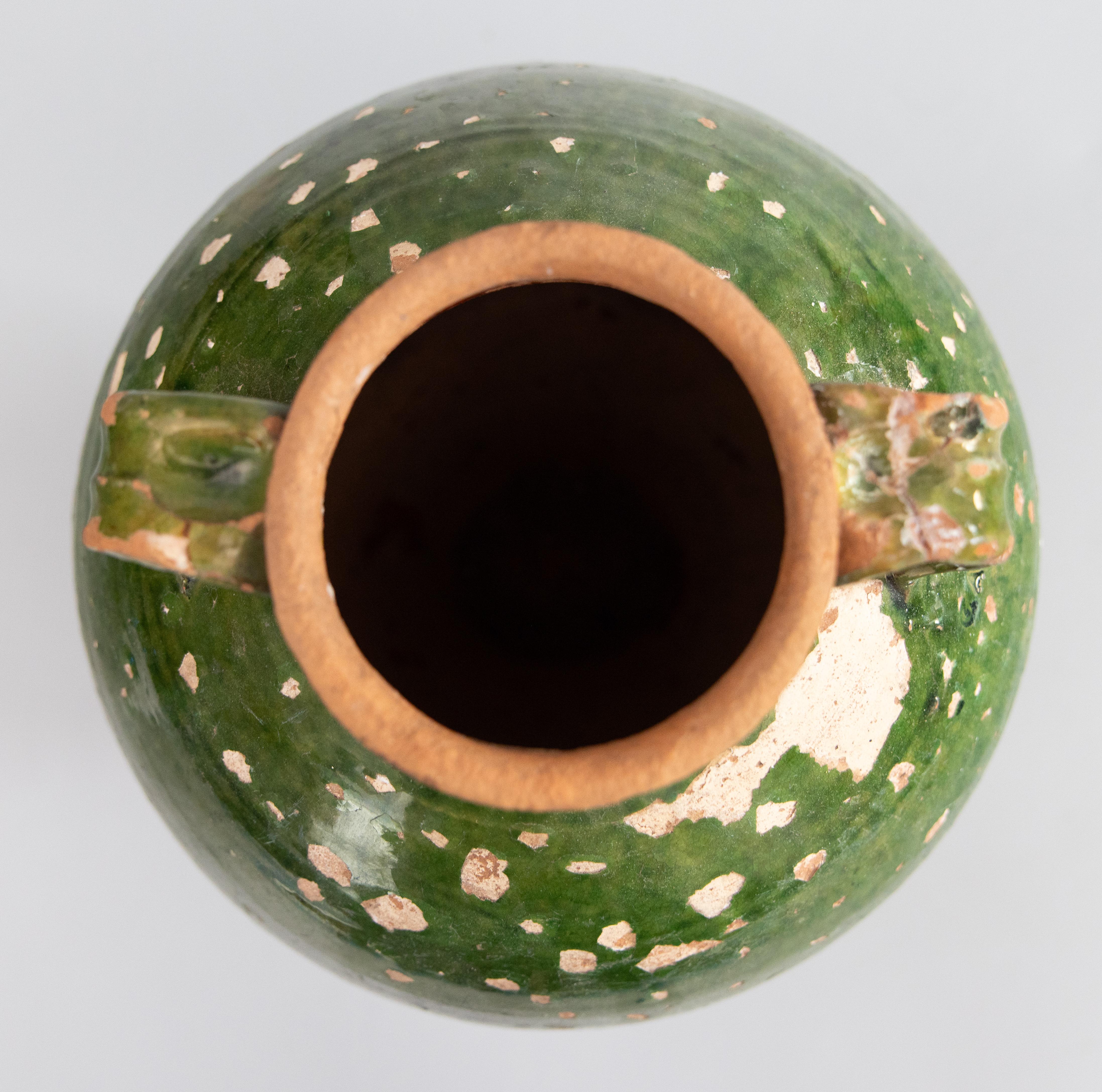 Vernissé Vase jarre à olives en terre cuite vernissée verte du 19e siècle