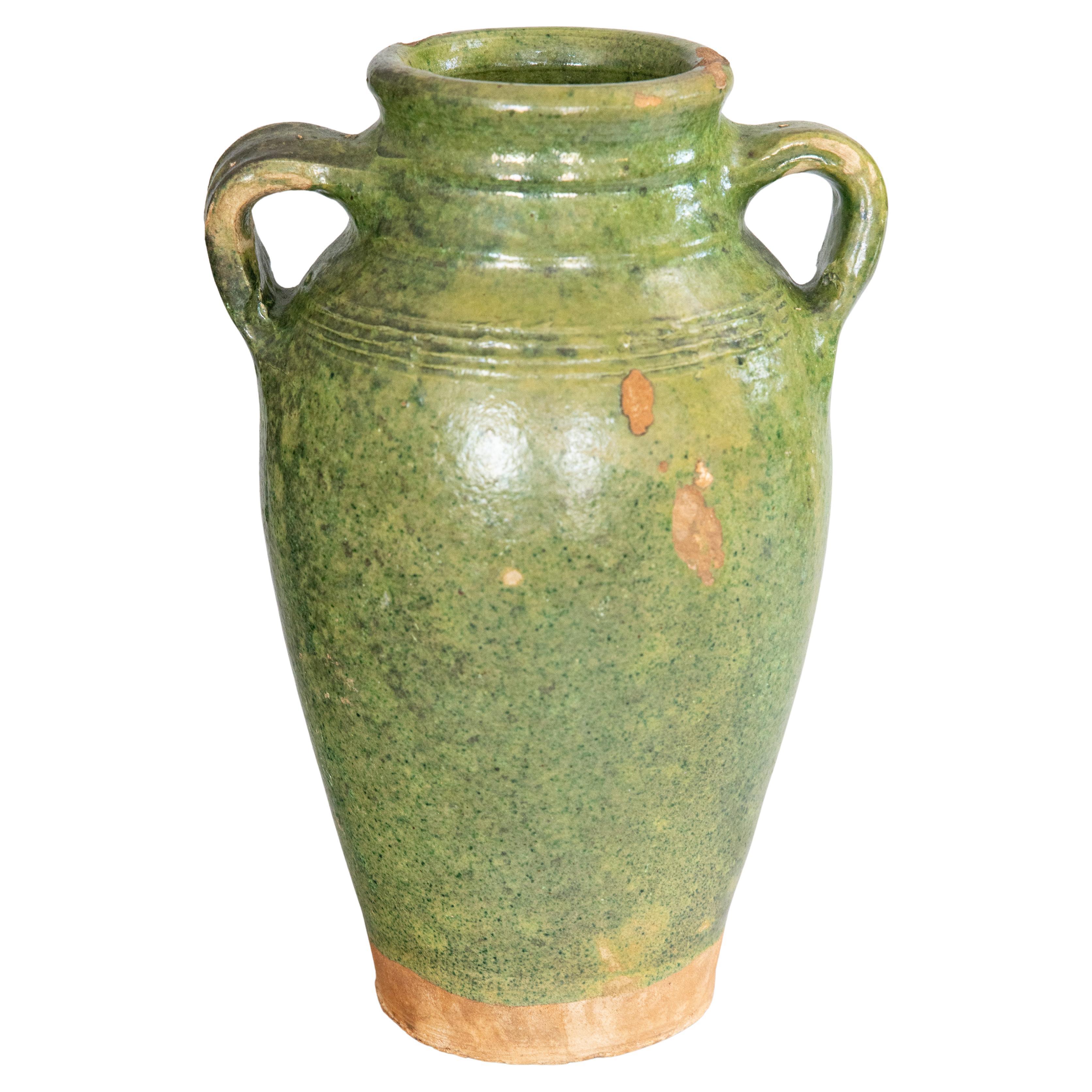 19th Century French Green Glazed Terracotta Olive Jar Urn Vase en vente