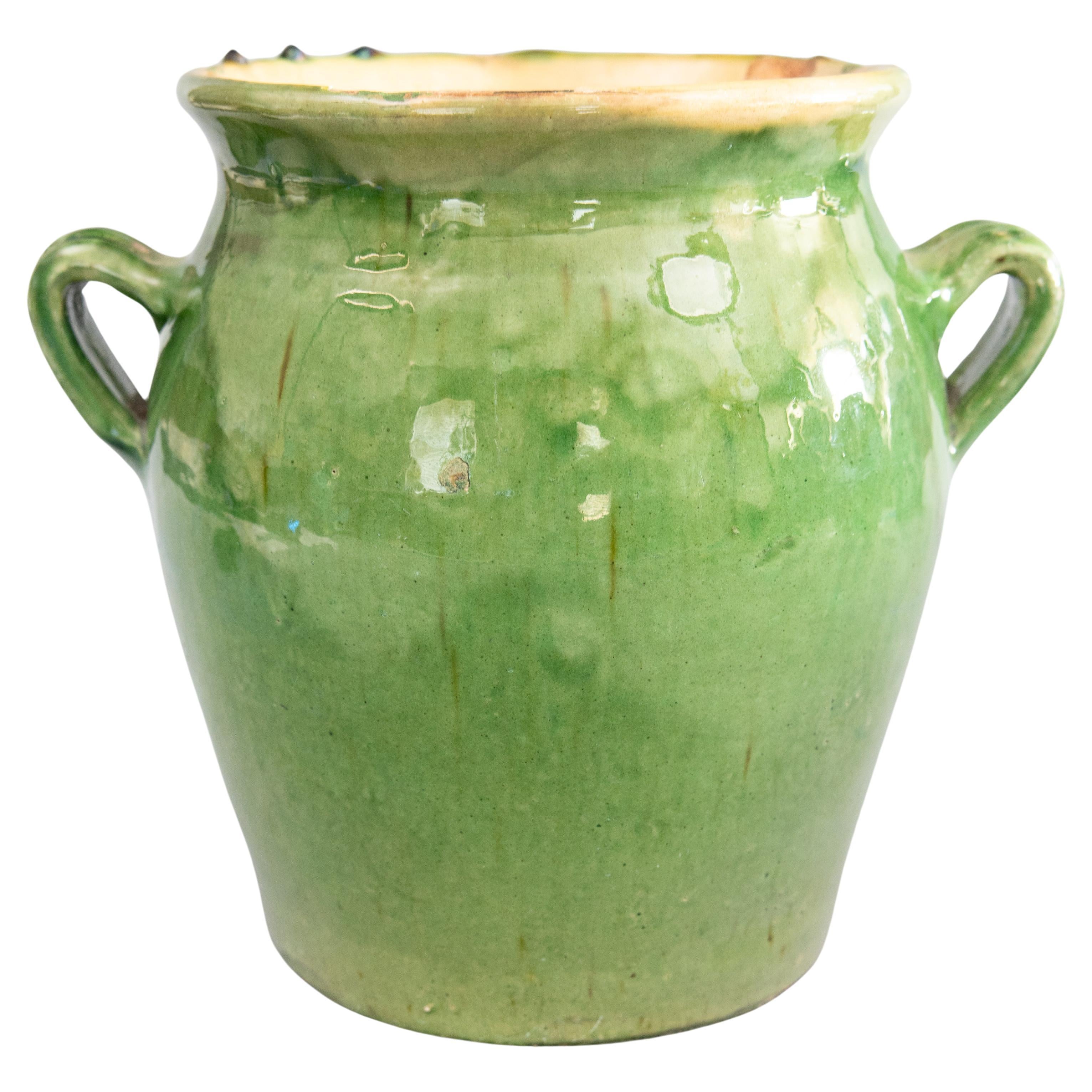 Vase jardinière française du 19ème siècle en terre cuite émaillée verte Crock Confit Pot