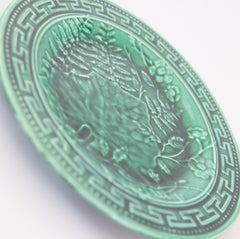 19th Century French Green Majolica Fern & Leaves Greek Key Plate