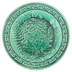 19th Century French Green Majolica Fern & Leaves Greek Key Plate