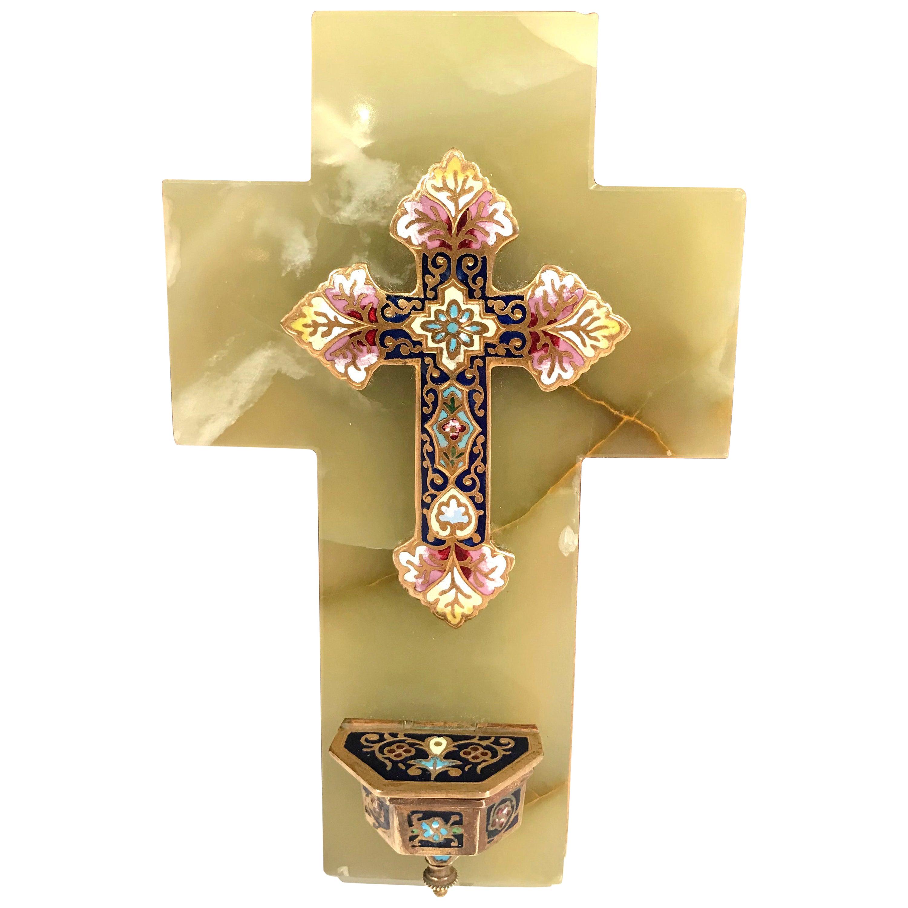 19th Century French Green Marble Cross and Holy Water with Cloisonné Technique