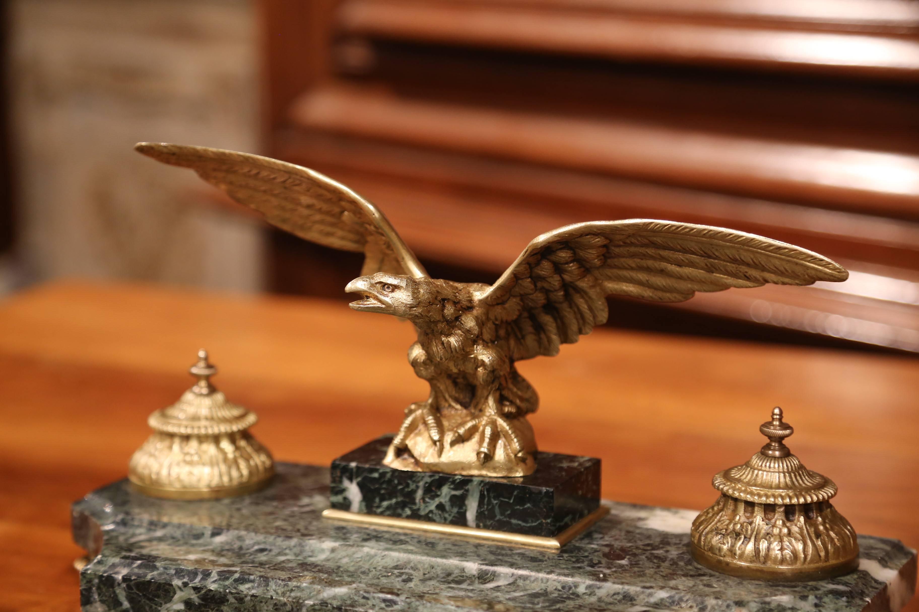 Empire 19th Century French Green Marble Inkwell with Bronze Eagle Sculpture
