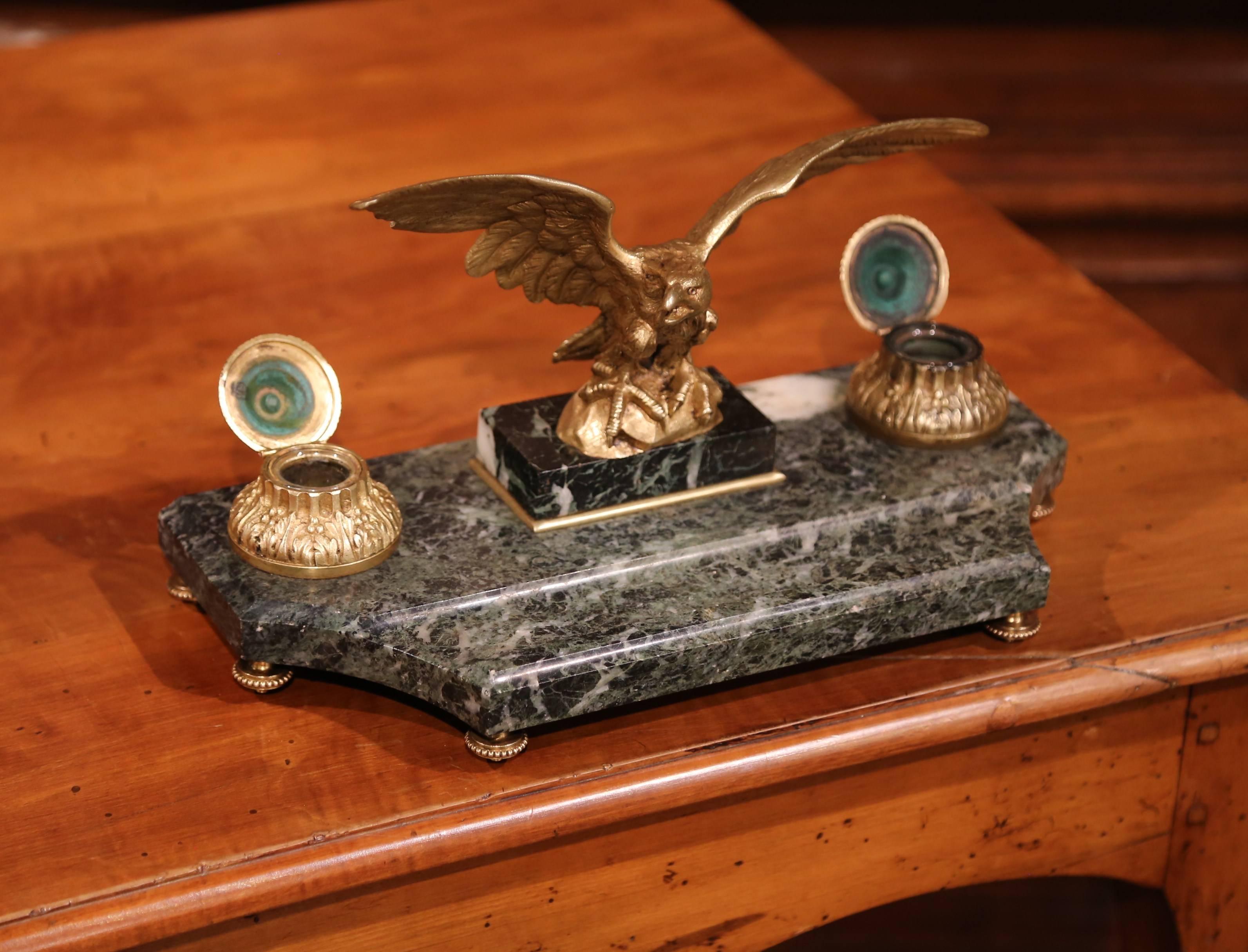 Hand-Crafted 19th Century French Green Marble Inkwell with Bronze Eagle Sculpture