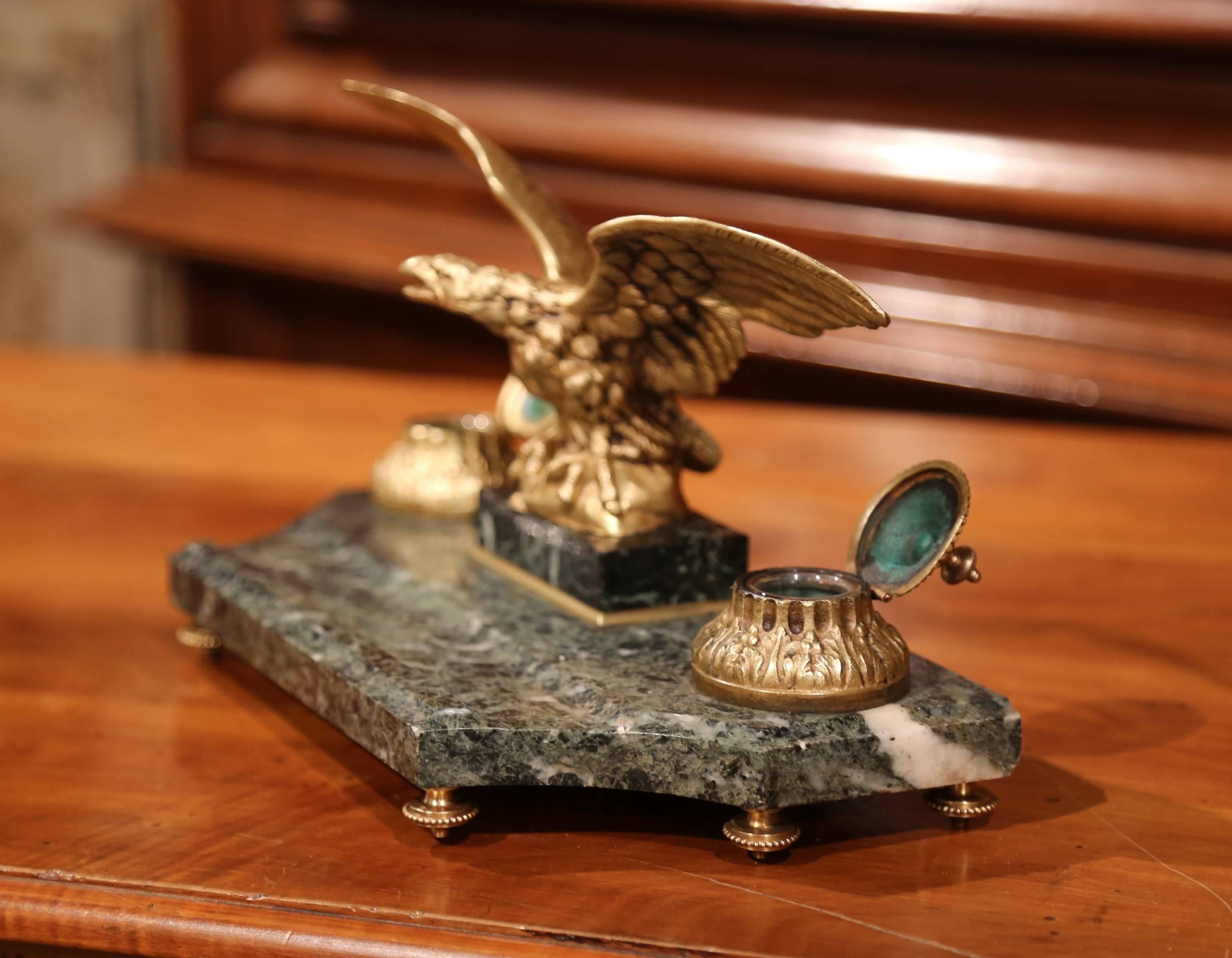 19th Century French Green Marble Inkwell with Bronze Eagle Sculpture 1