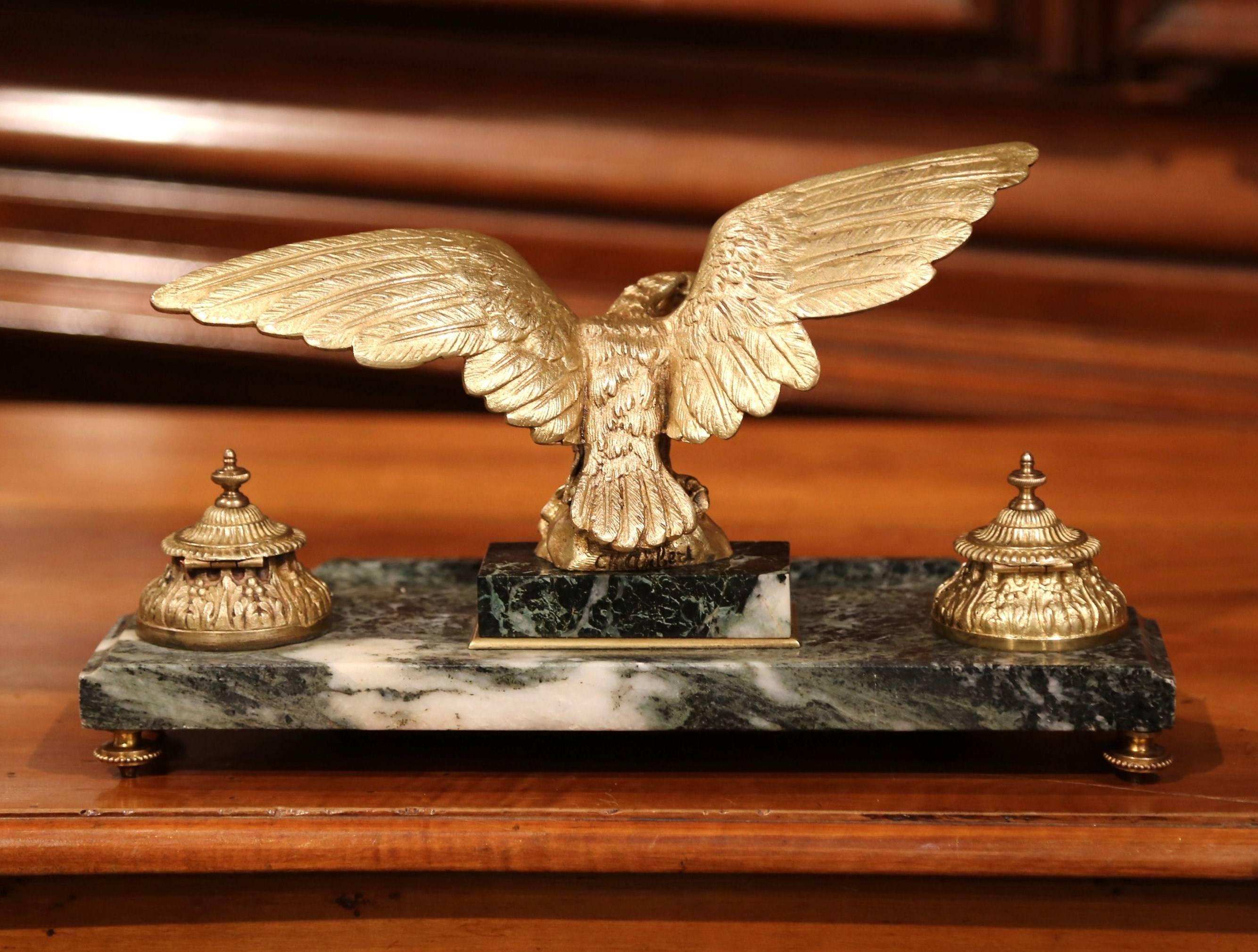 19th Century French Green Marble Inkwell with Bronze Eagle Sculpture 2