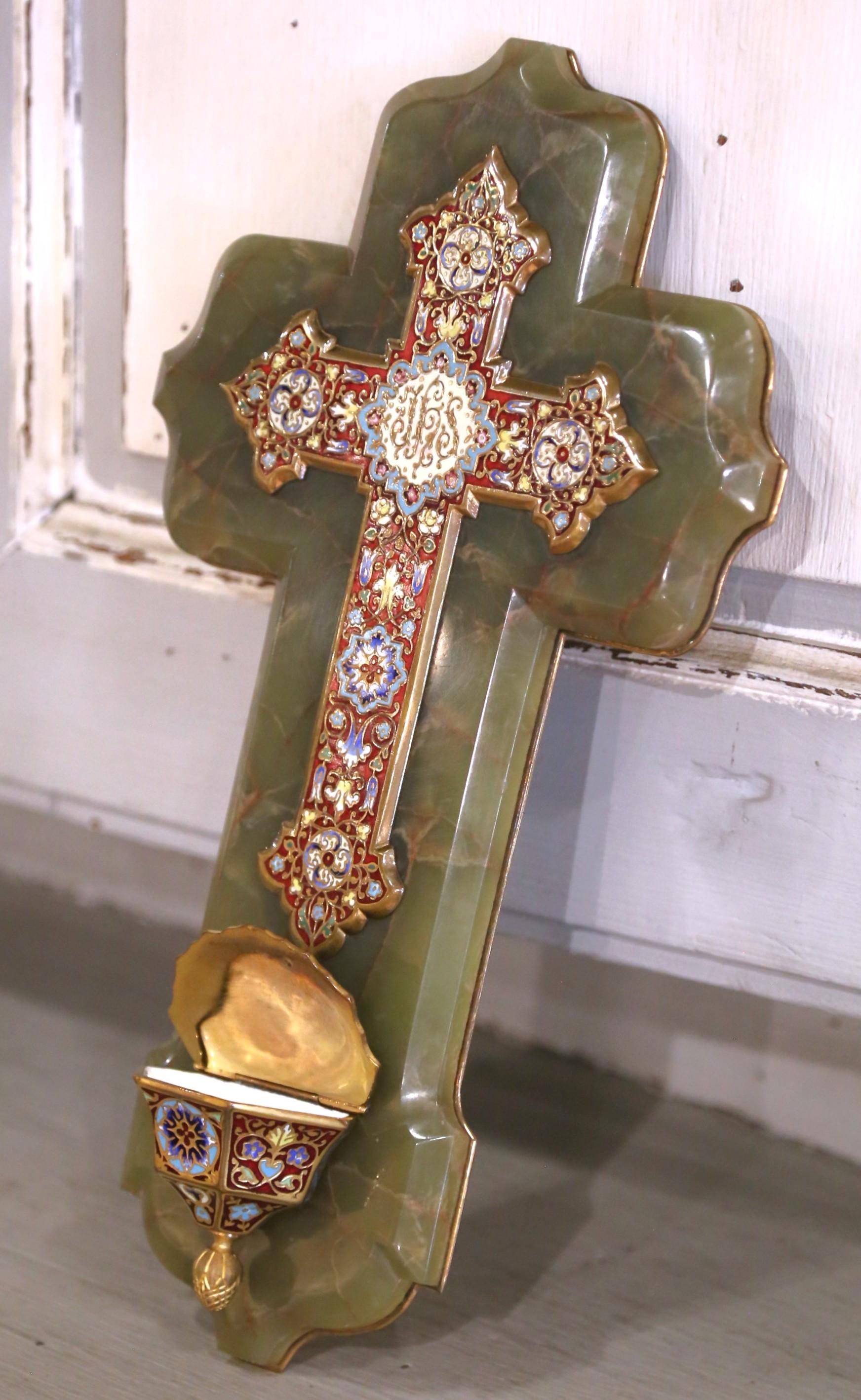 This exceptional French wall-mounted holy water font was crafted circa 1870 and showcases the luxurious artistry of cloisonné enamel combined with richly veined green onyx and finely cast bronze. The large cross-shaped form is set on a gleaming