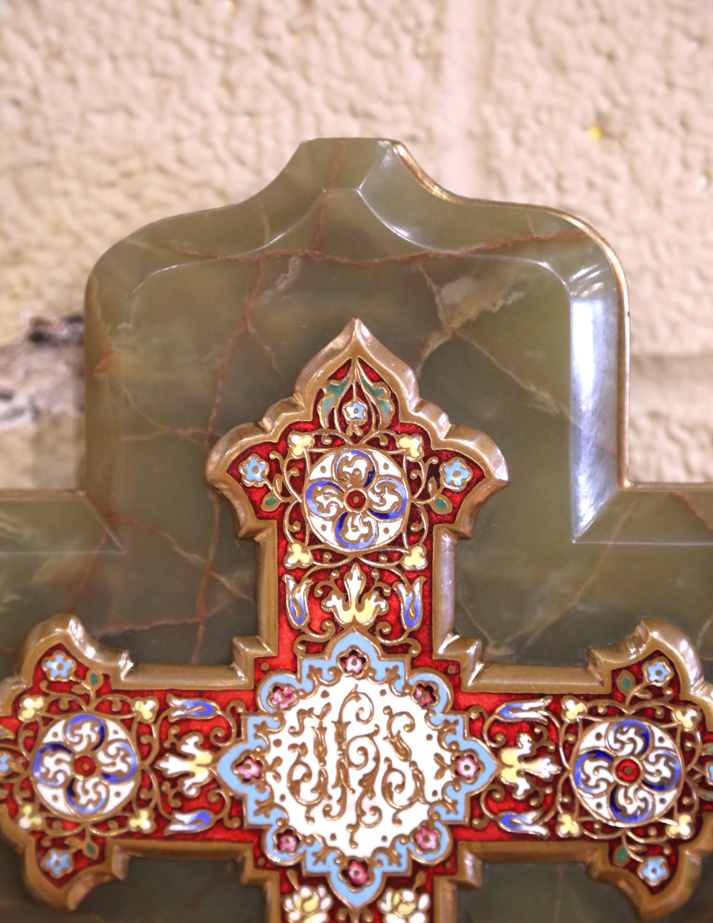 Champlevé 19th Century French Green Onyx and Cloisonné Enamel Holy Water Font Cross For Sale